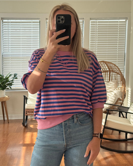 Striped Contrast Trim Top - Pink & Royal Blue