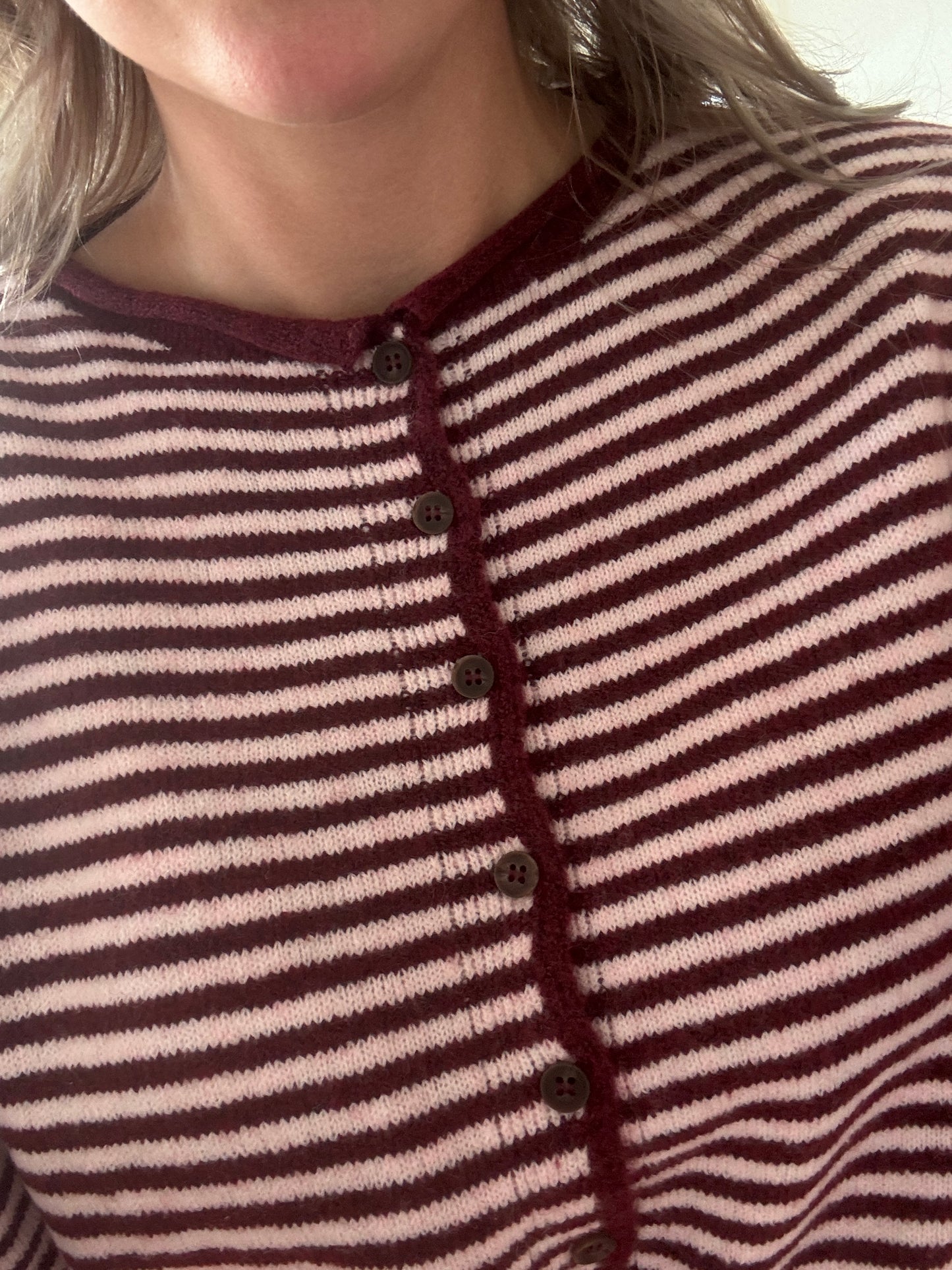 Stripe Raw Edge Knit Cardigan - Burgundy + Pink