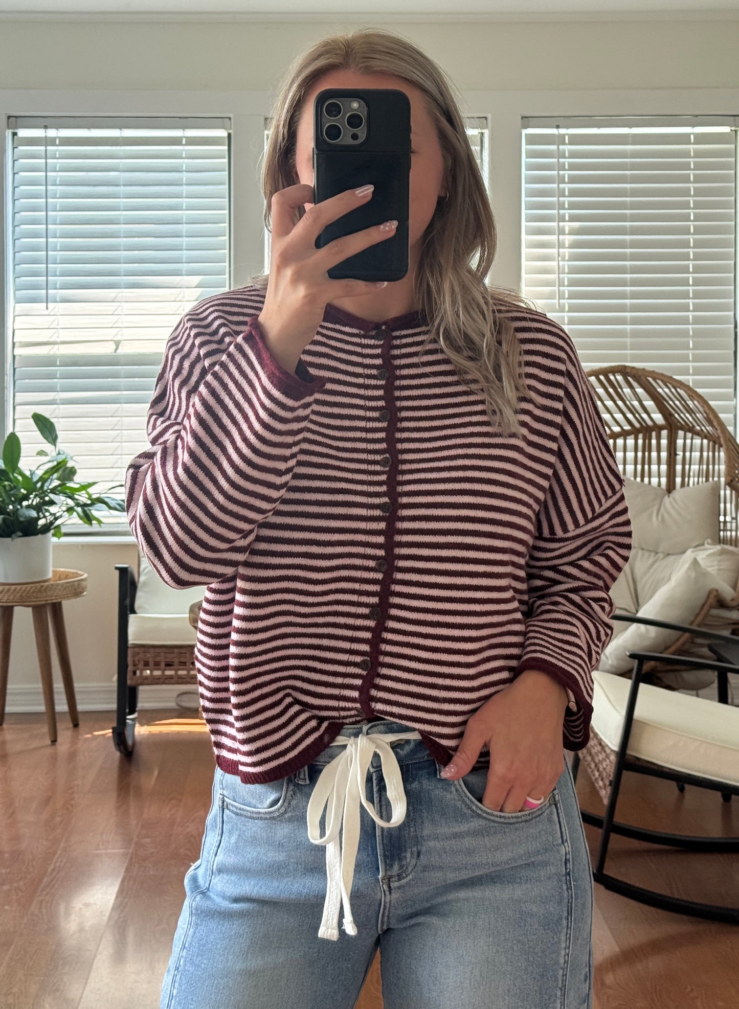 Stripe Raw Edge Knit Cardigan - Burgundy + Pink