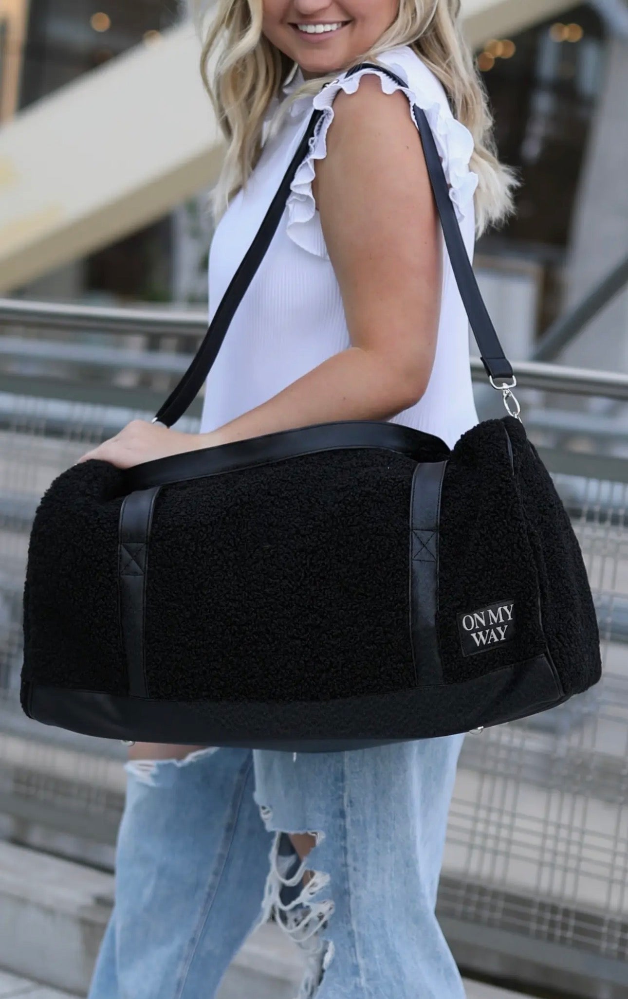 Teddy Black Sherpa Duffle Bag - “OMW”