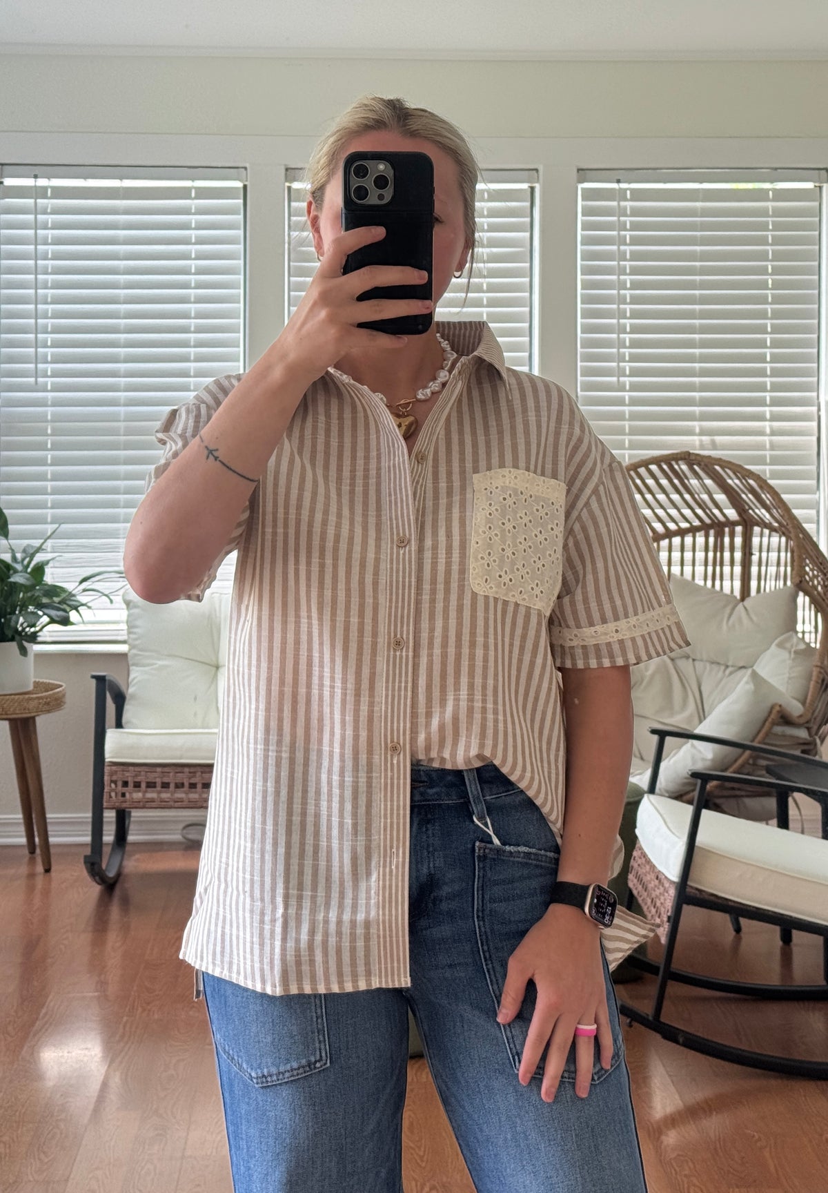 Striped Eyelet Button Blouse - Taupe