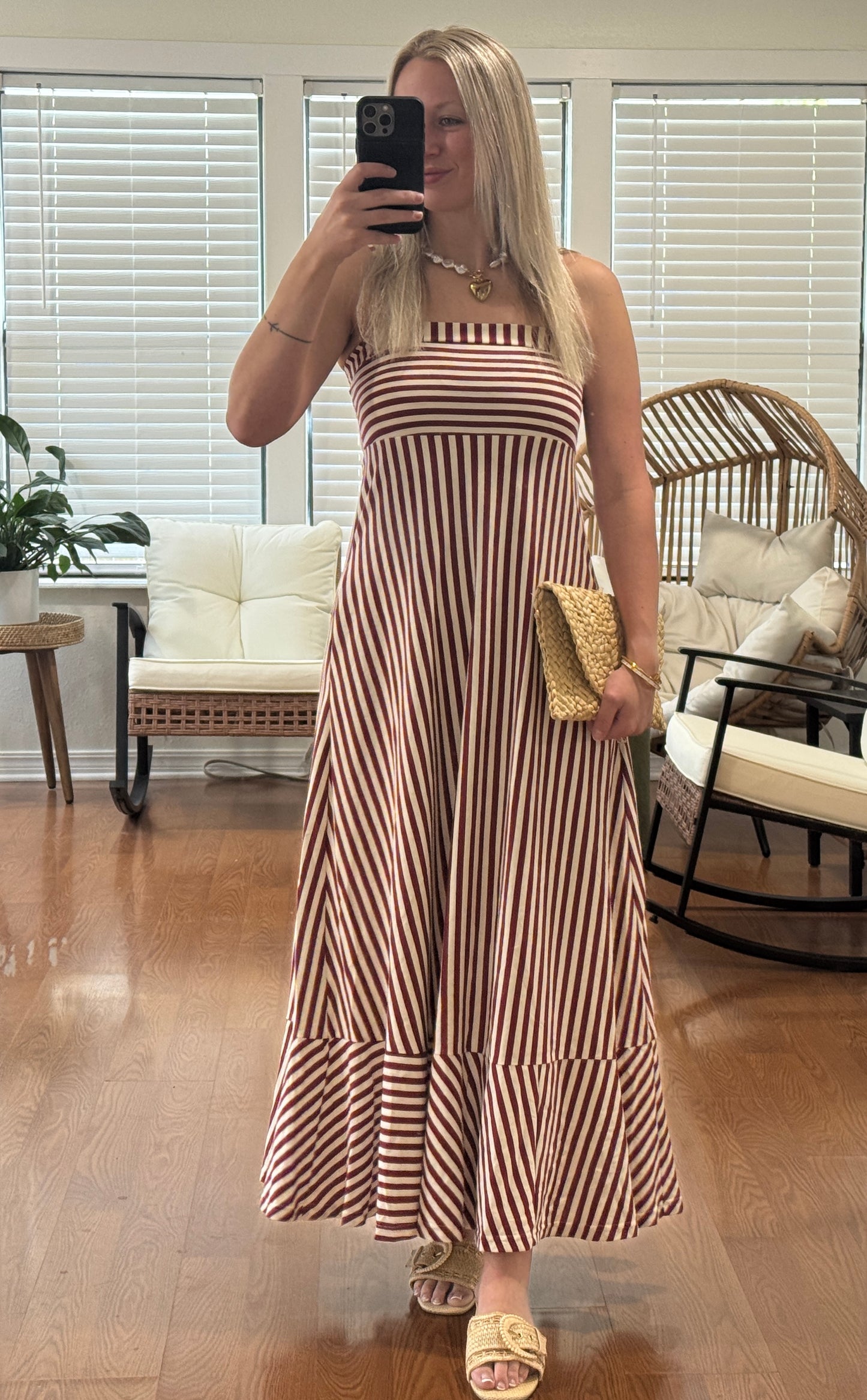 Striped Sleeveless Maxi Dress - Burgundy