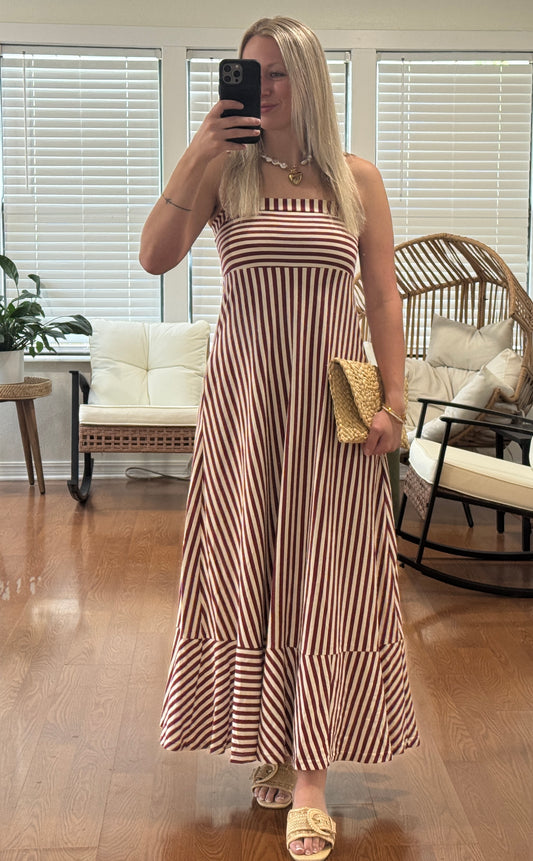 Striped Sleeveless Maxi Dress - Burgundy