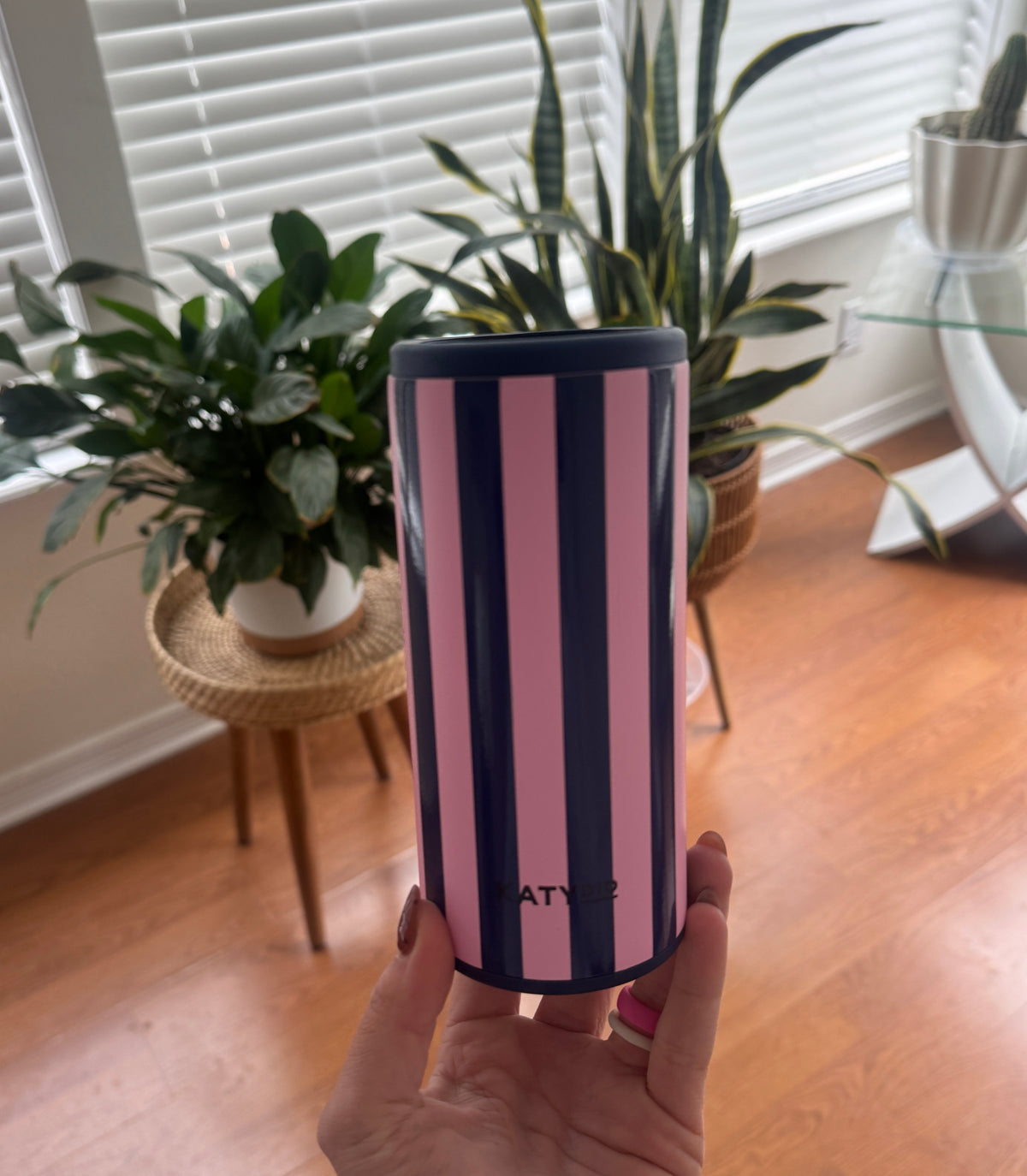Navy + Pink Striped Slim Can Koozie