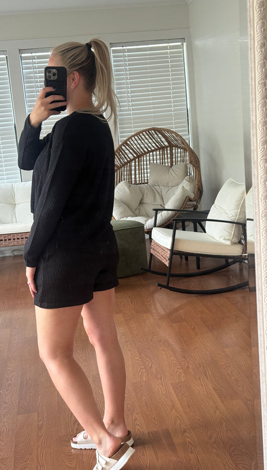 Ribbed Long Sleeve/Shorts Matching Set - Black