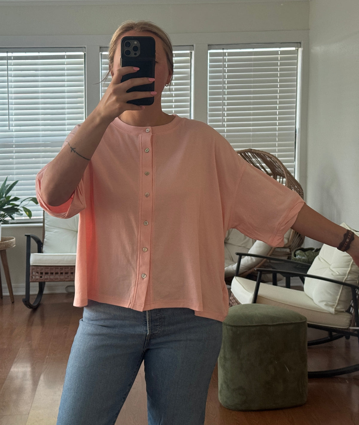 Oversized Button Front Knit Top - Pink