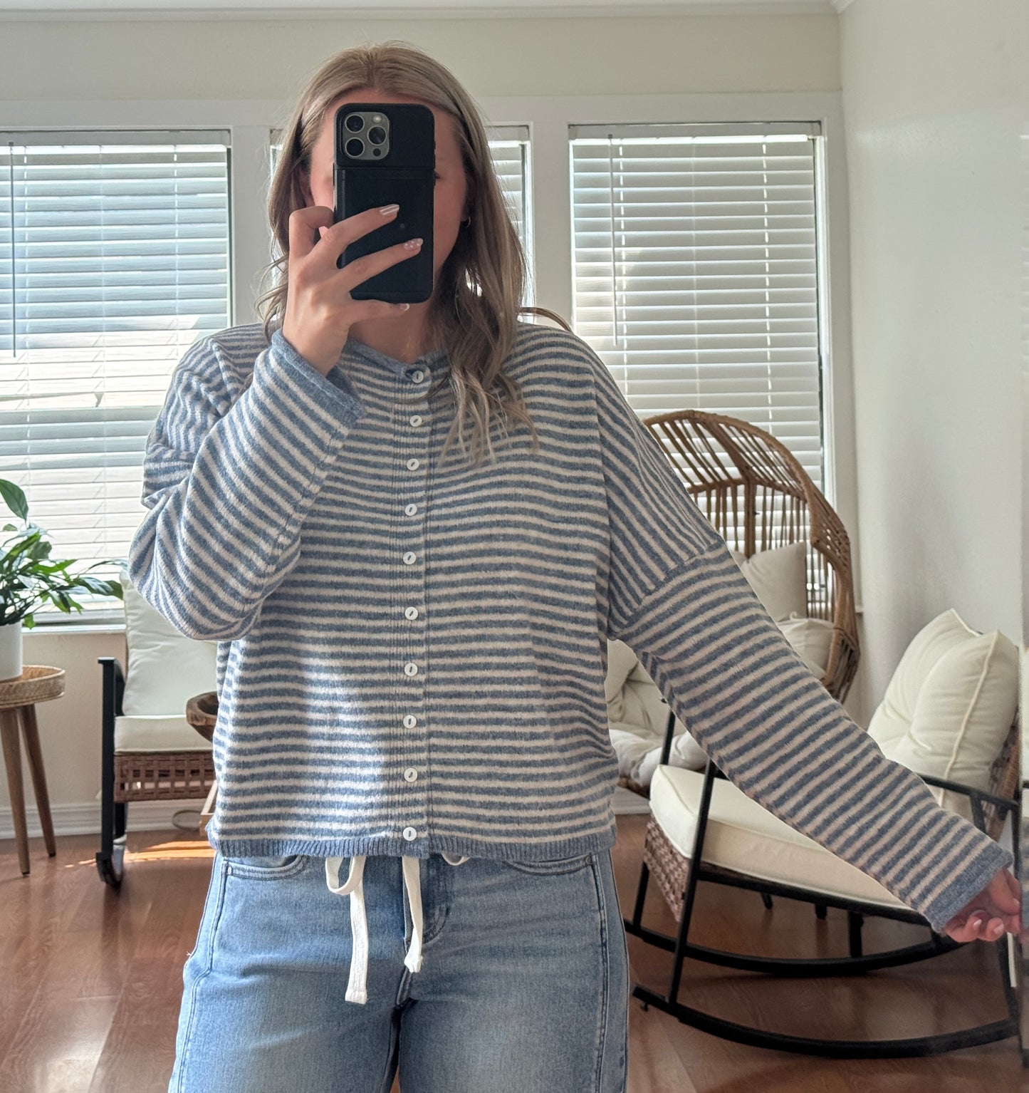 Stripe Raw Edge Knit Cardigan - Dusty Blue + White