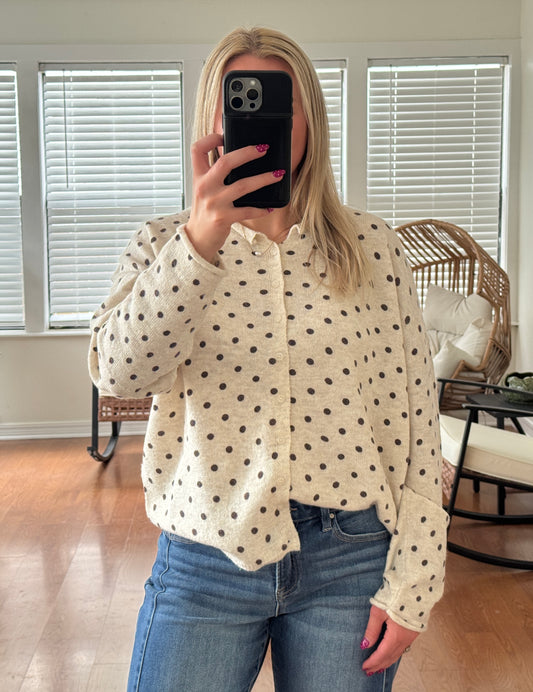 Polka Dot Raw Edge Knit Cardigan - Cream + Brown