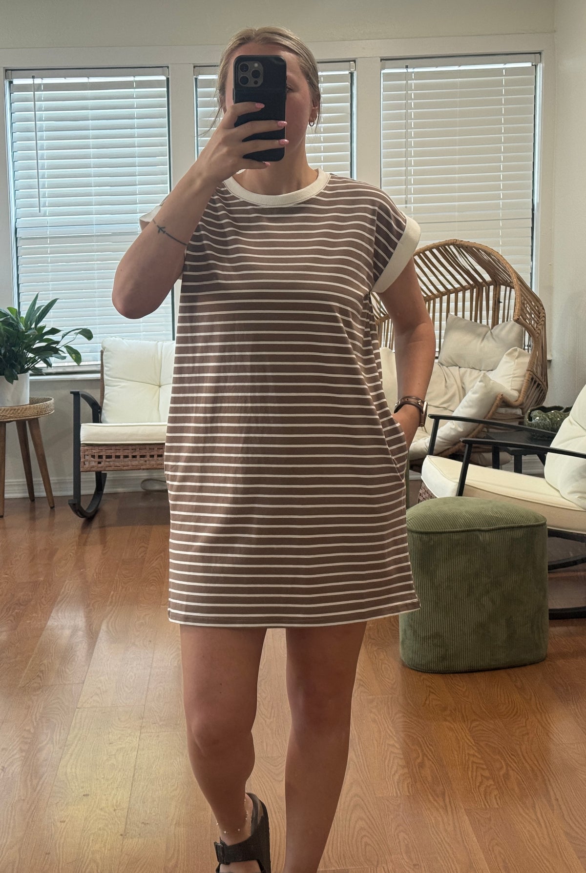 Striped Short Sleeve T-shirt Dress - Mocha