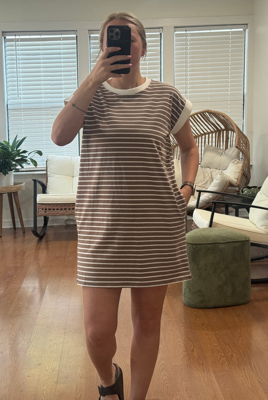 Striped Short Sleeve T-shirt Dress - Mocha