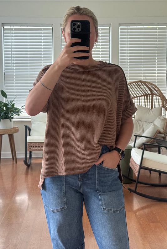 Ribbed Short Sleeve Tee - Brown