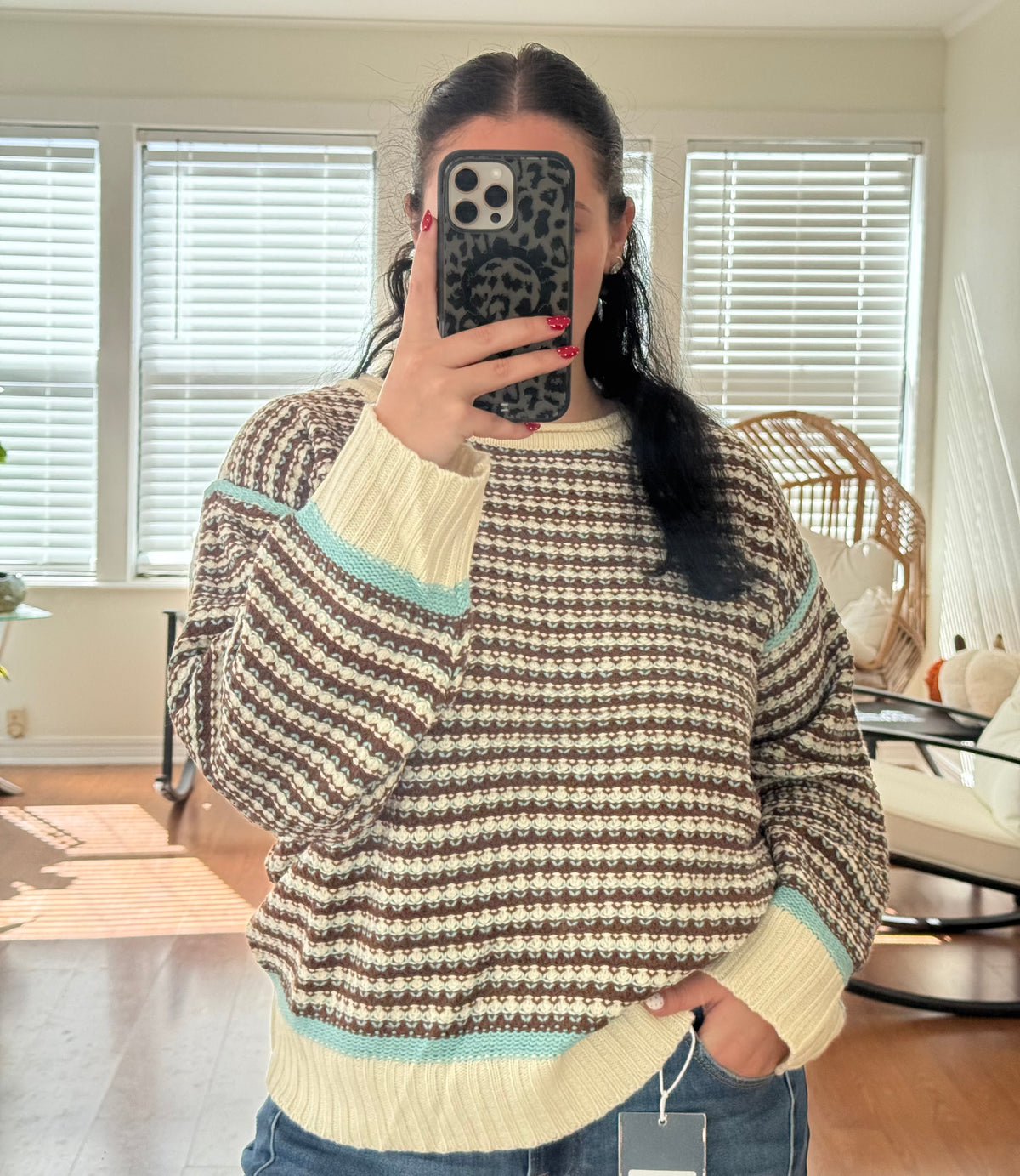 Striped Crochet Contrast Sweater - Blue + Brown