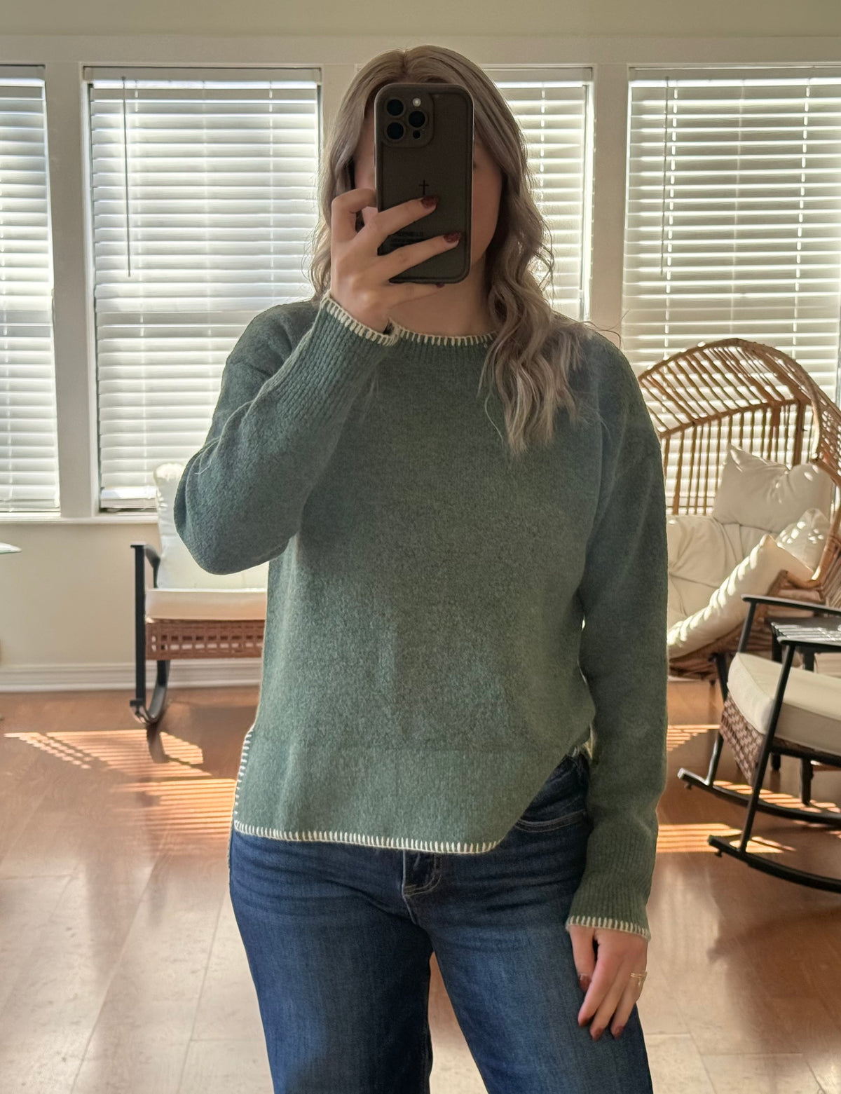 Contrast Stitch Wool Sweater - Green