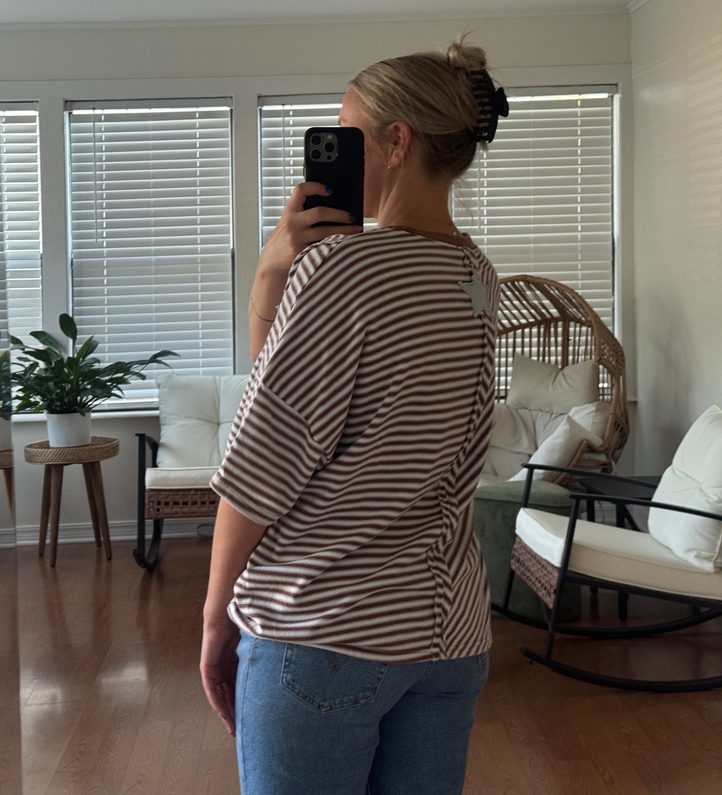 Striped Star Detailing Terry Cloth Top - Brown + Blue