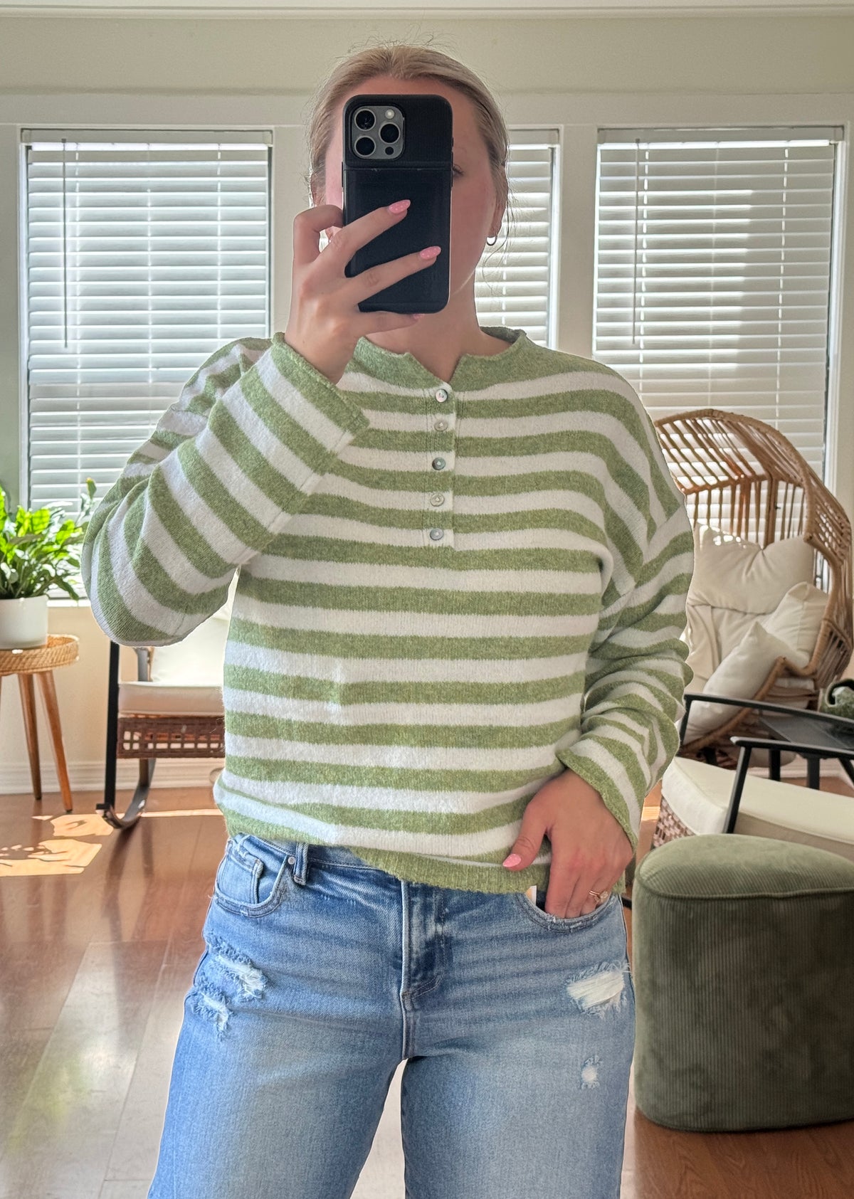 Striped Henley Button Sweater - Green