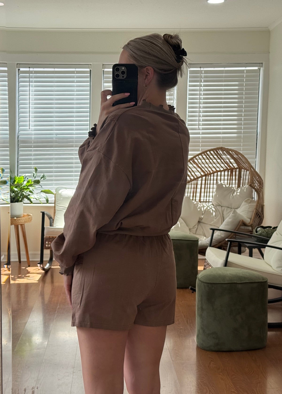 Lace Trim Sweatshirt & Shorts Matching Set - Mocha