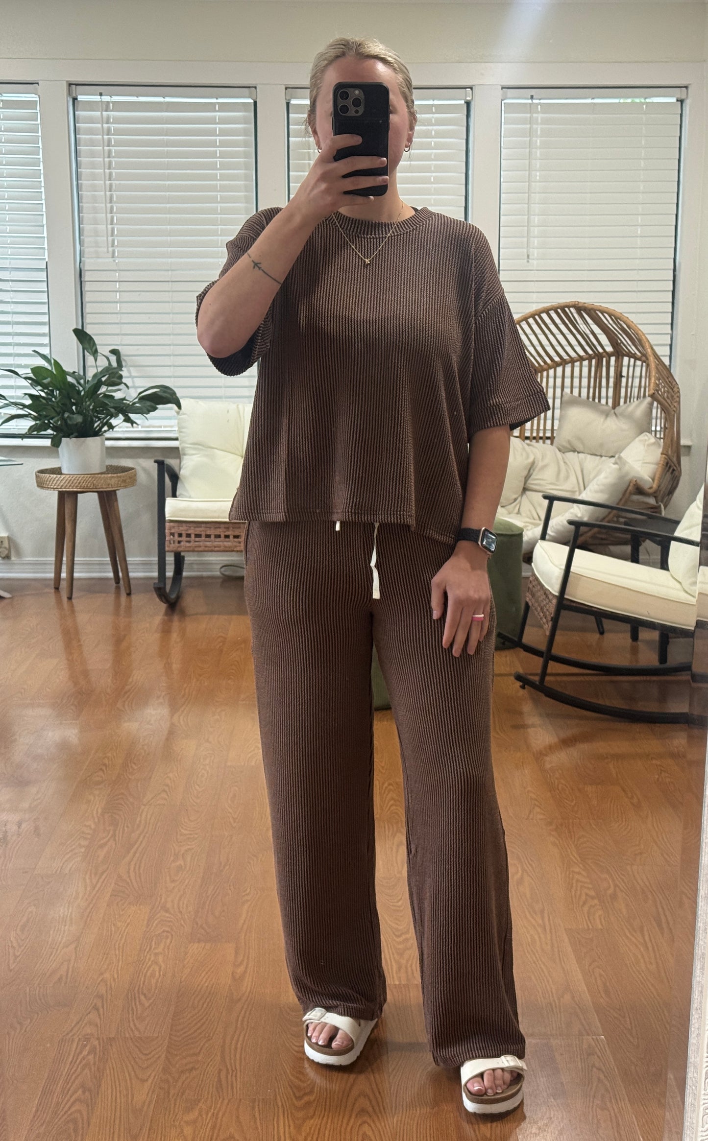 Ribbed Pants Matching Set - Brown