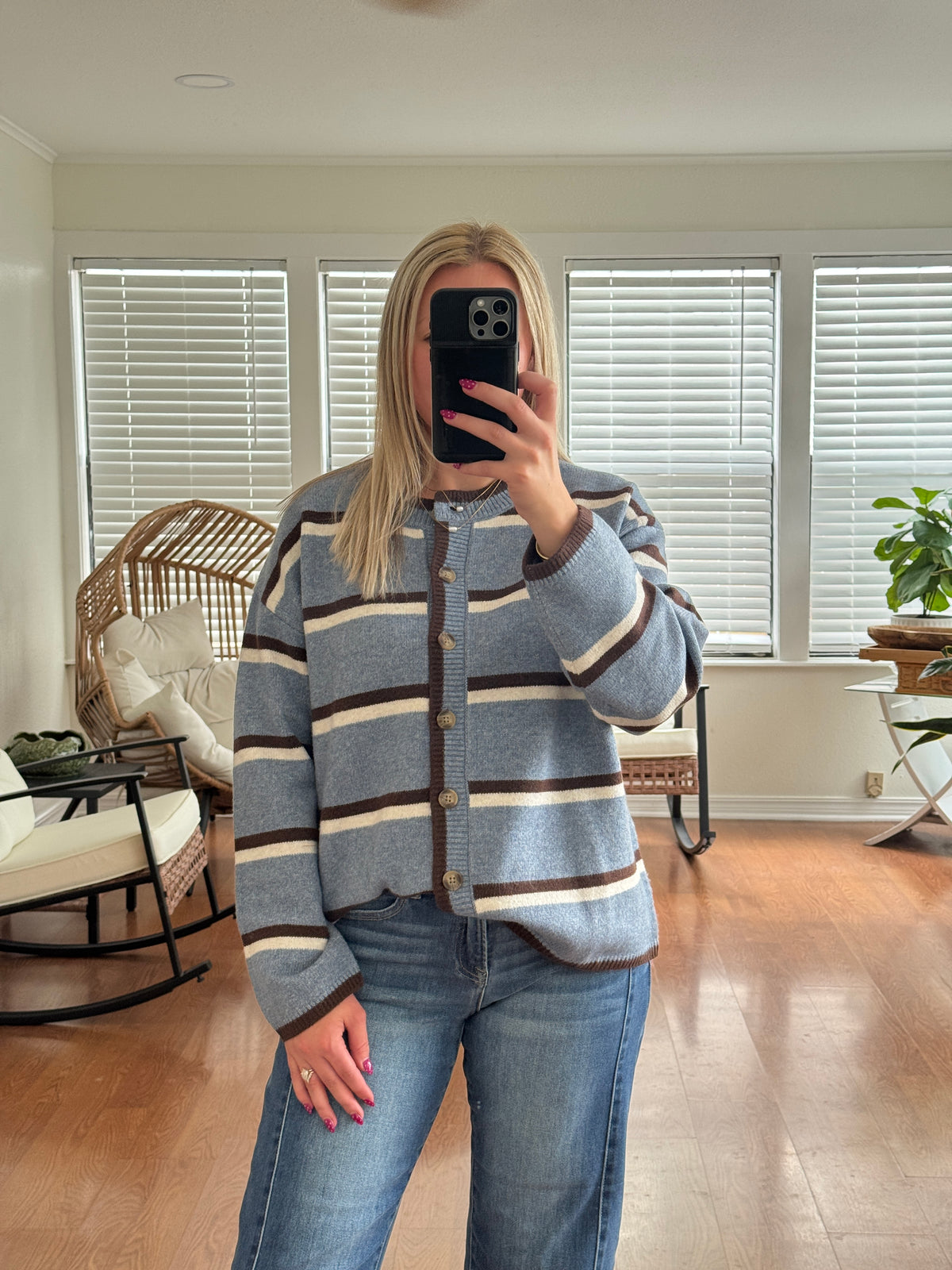 Striped Button Down Knit Cardigan - Blue + Brown