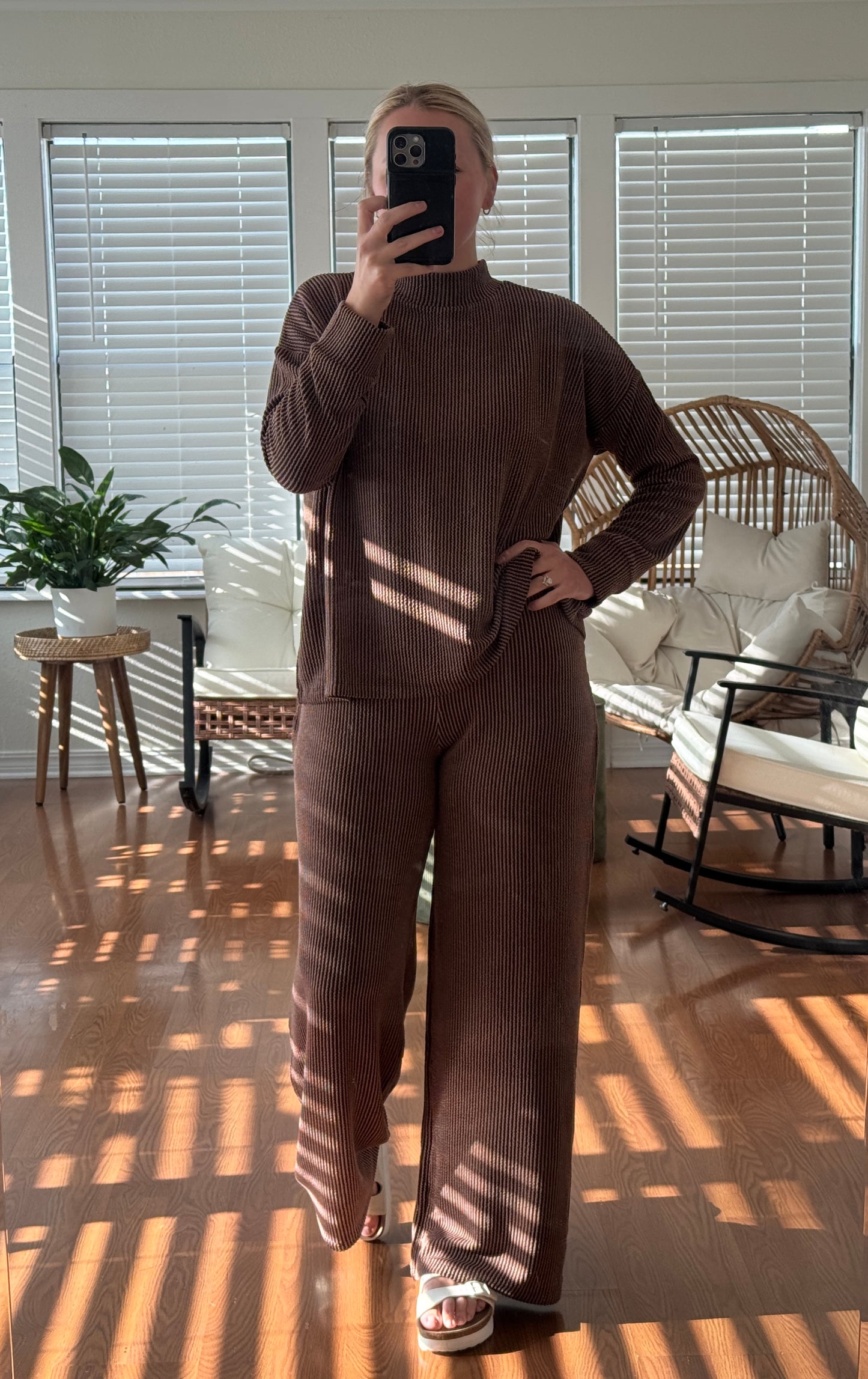 Ribbed Pants L/S Matching Set - Brown