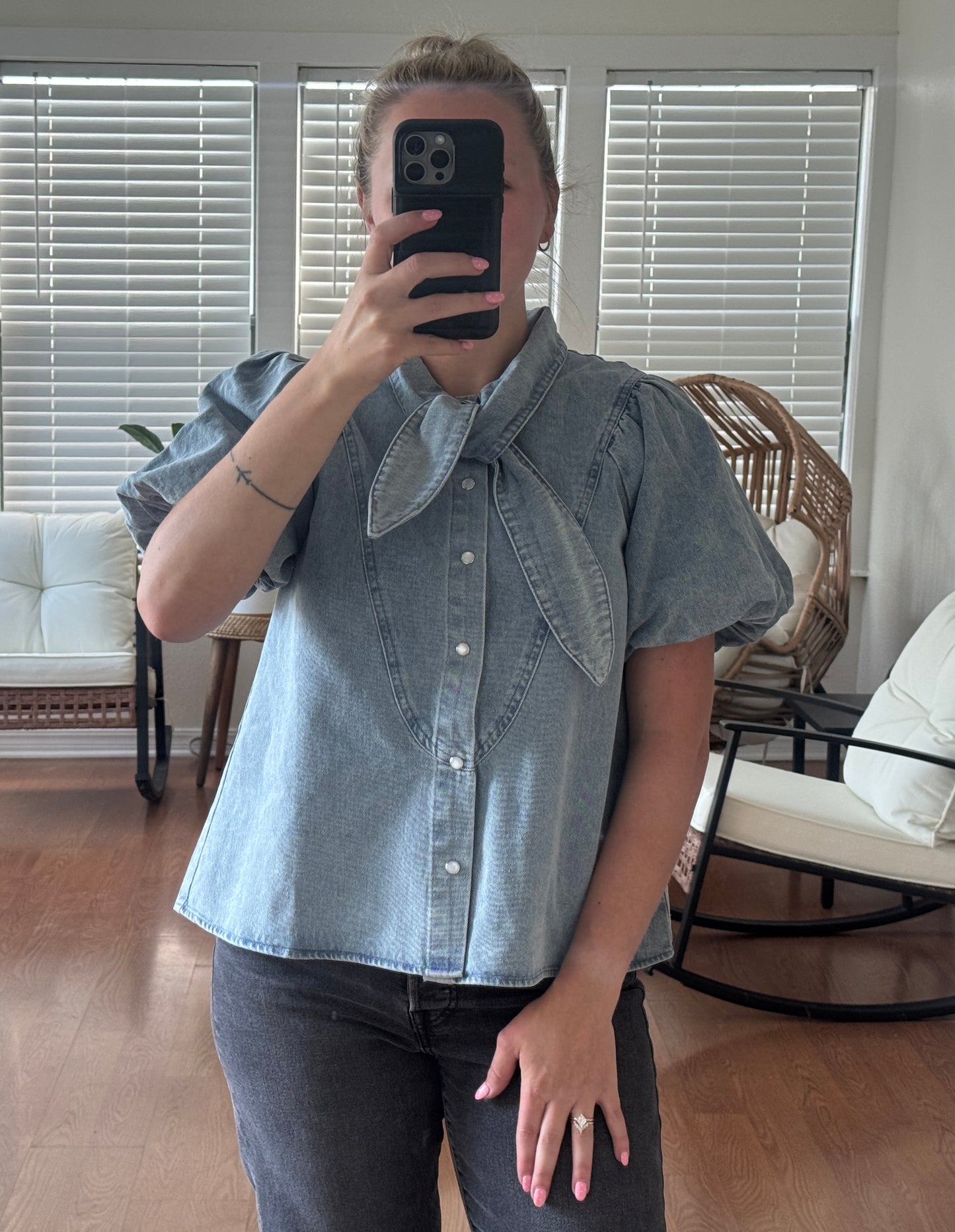 Puff Sleeve Denim Blouse - Light Denim