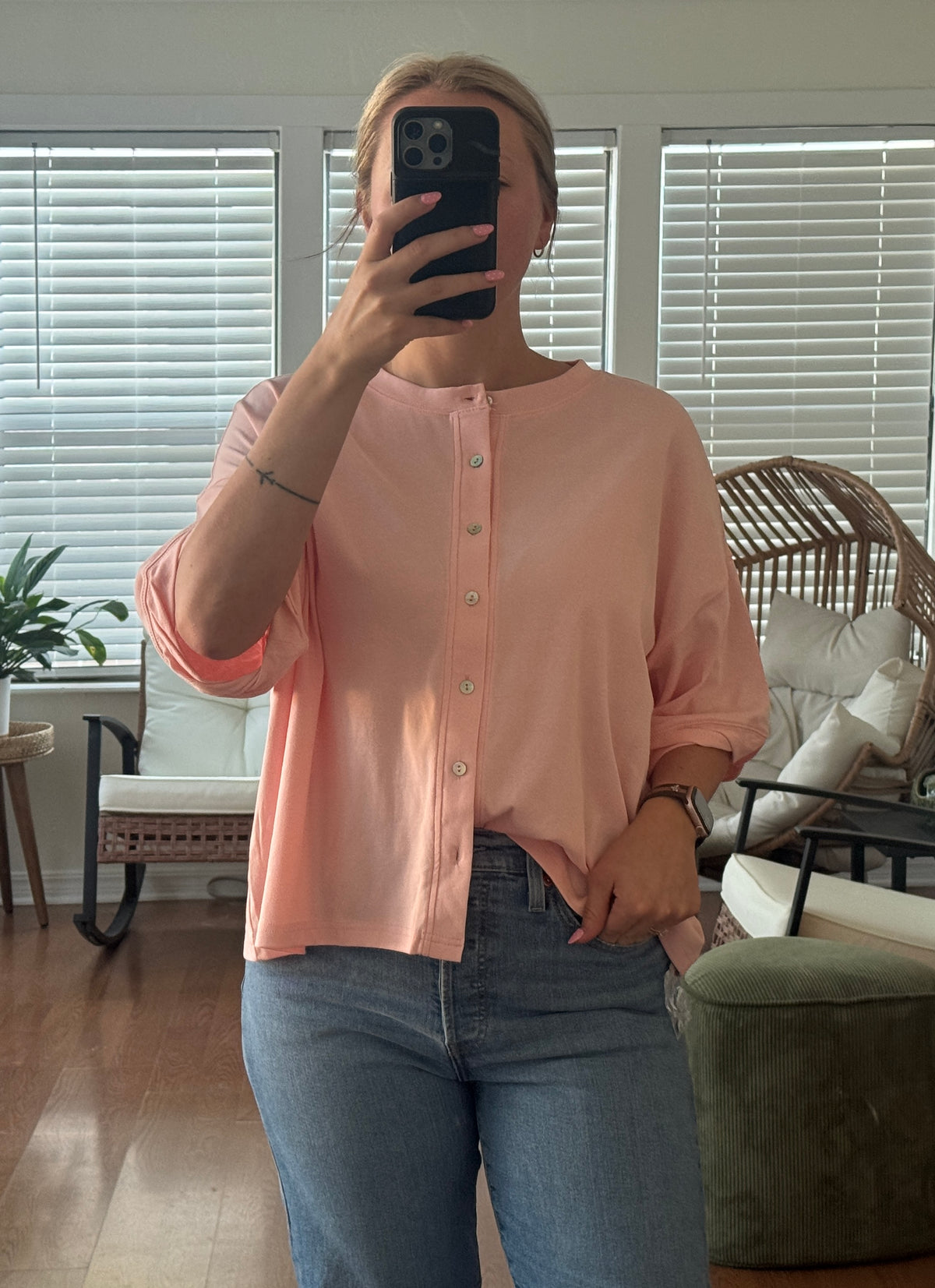 Oversized Button Front Knit Top - Pink