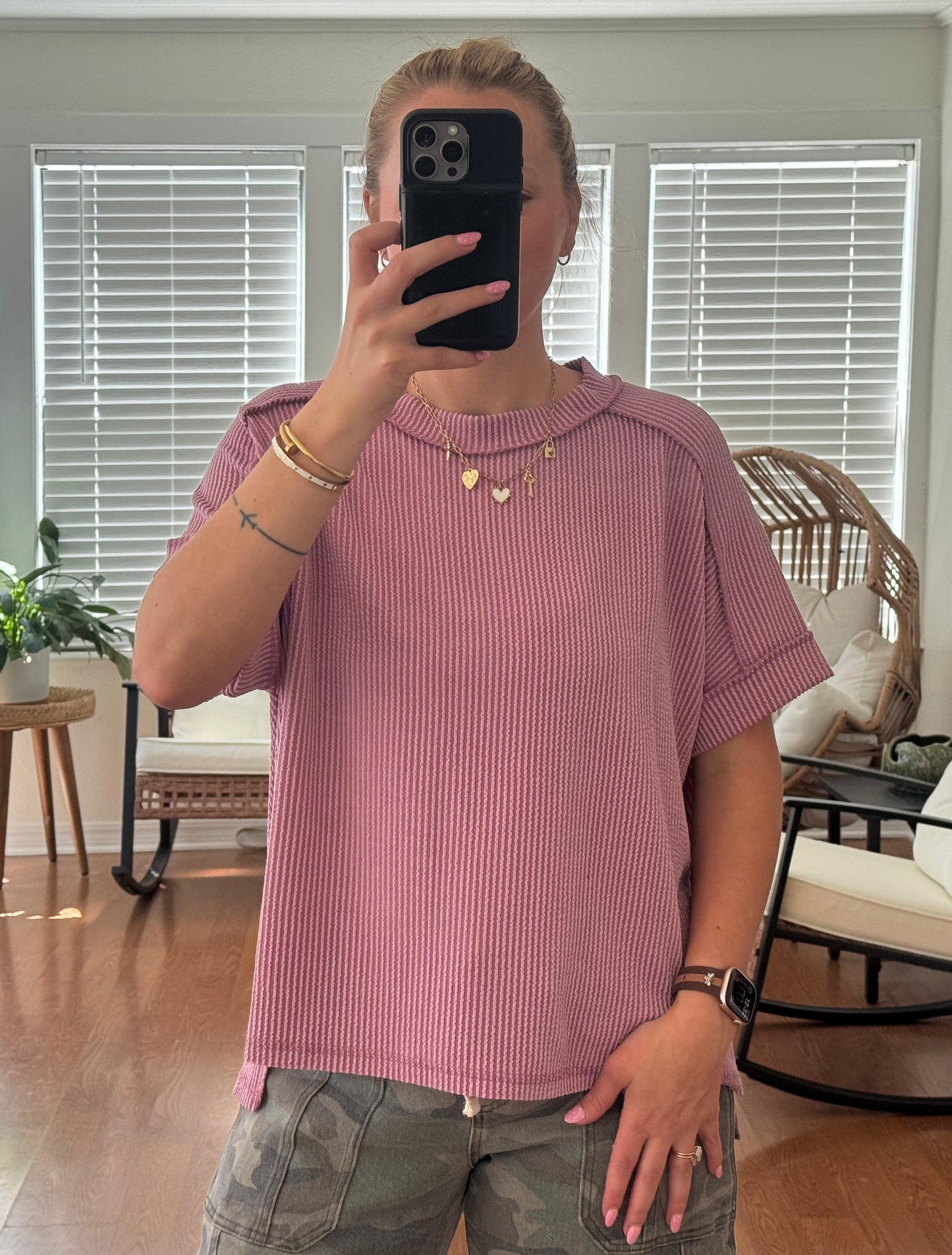 Ribbed Short Sleeve Tee - Light Rose