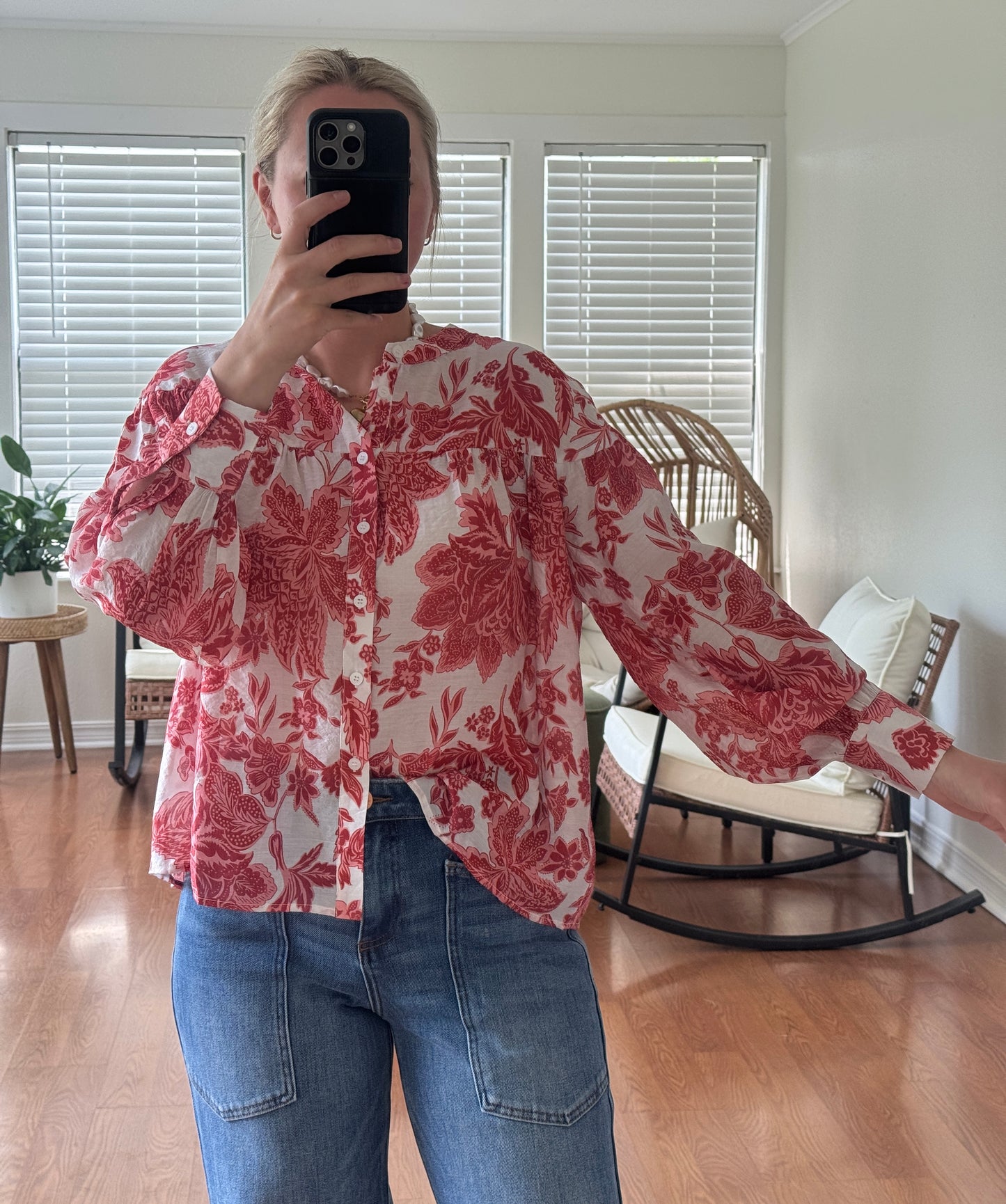 Floral Sheer Button Down Blouse - Strawberry