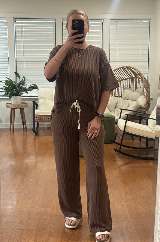 Ribbed Pants Matching Set - Brown