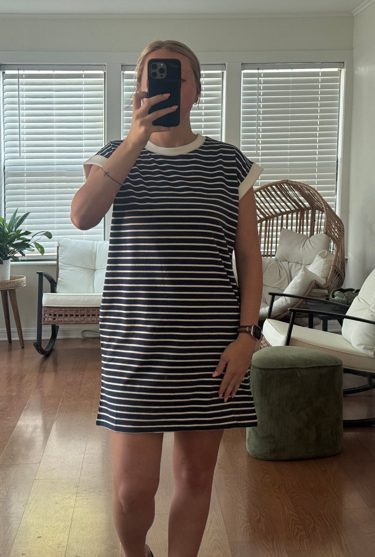 Striped Short Sleeve T-shirt Dress - Navy