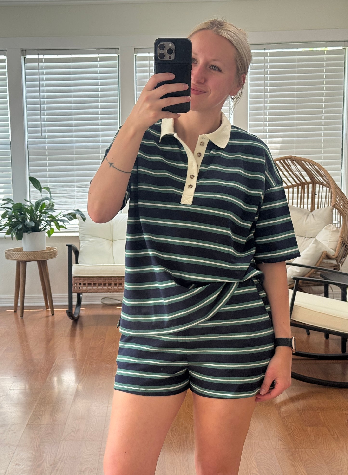 Striped Polo Top & Shorts Set - Navy Blue