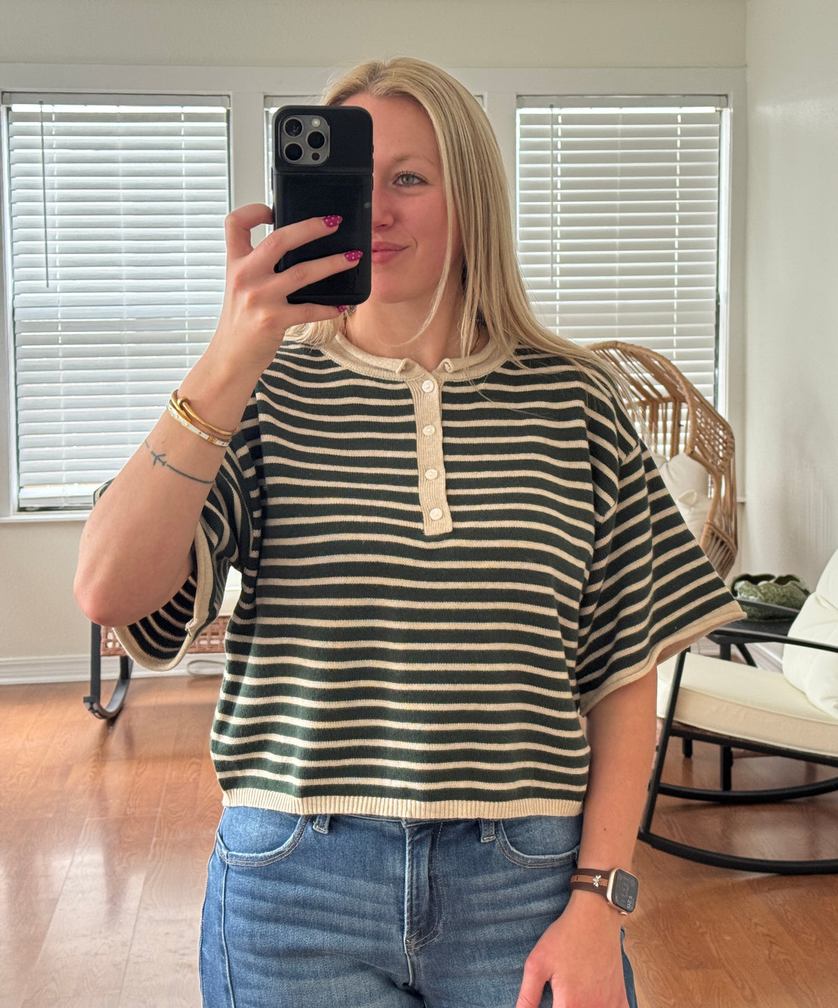Striped S/S Henley Knit Top - Green + Tan