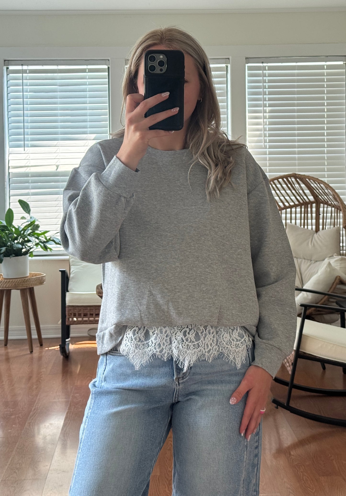 Crewneck Sweatshirt w/ Lace Hem - Gray