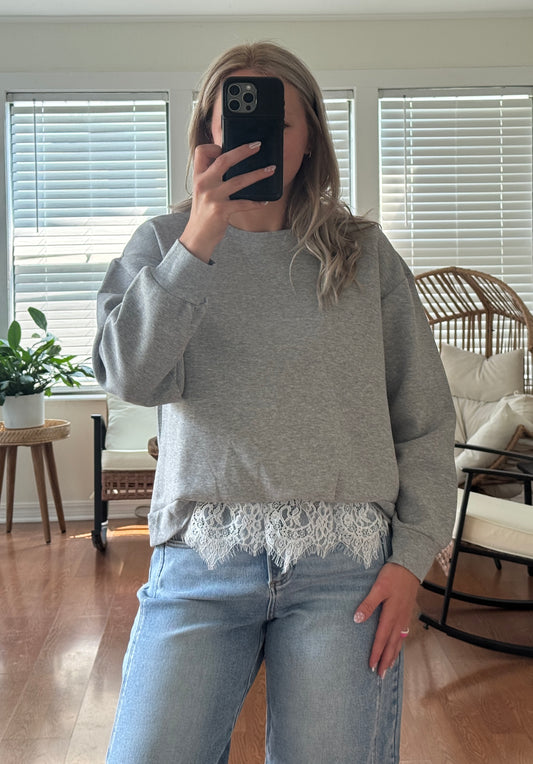 Crewneck Sweatshirt w/ Lace Hem - Gray