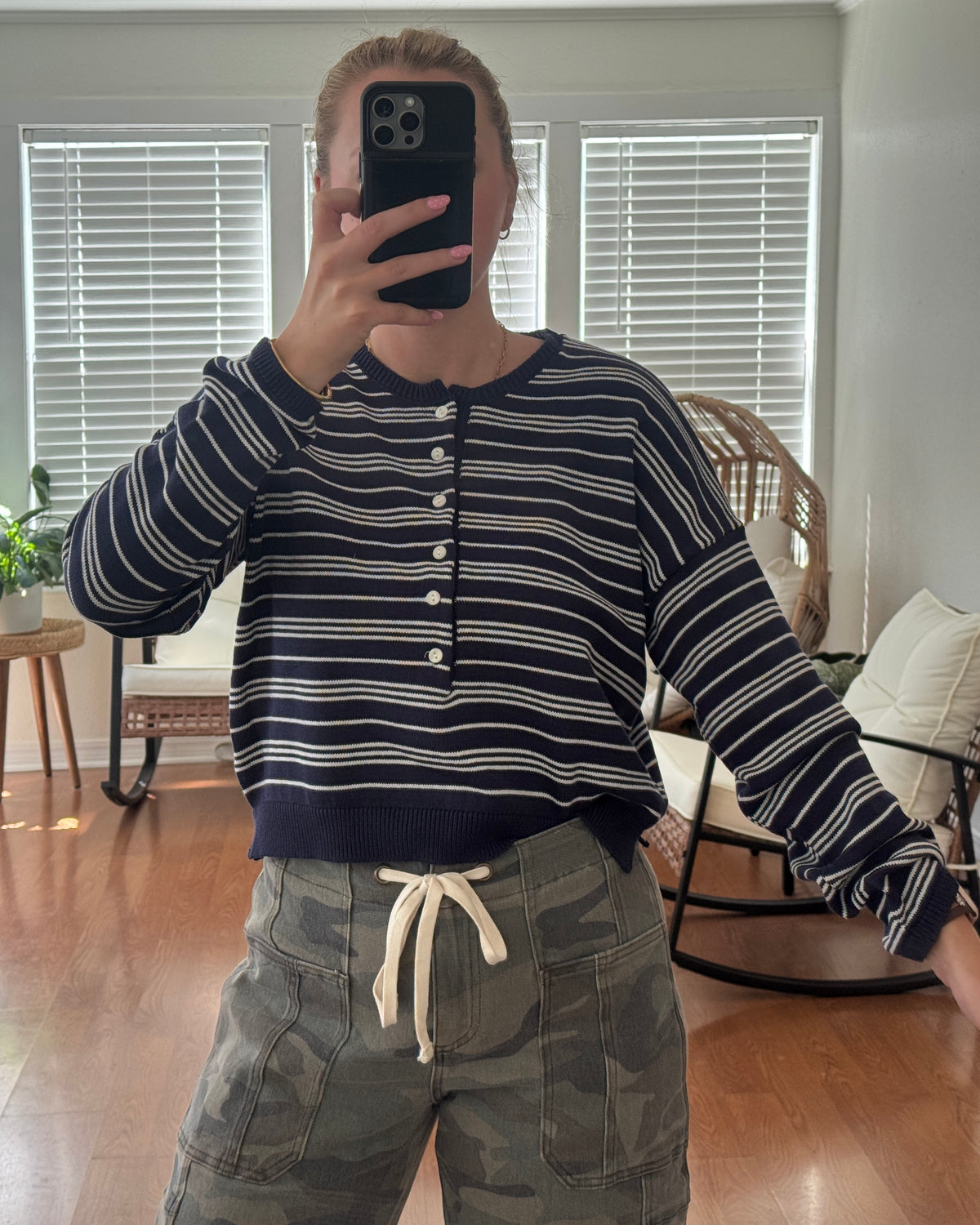 Striped Henley Sweater - Navy Blue