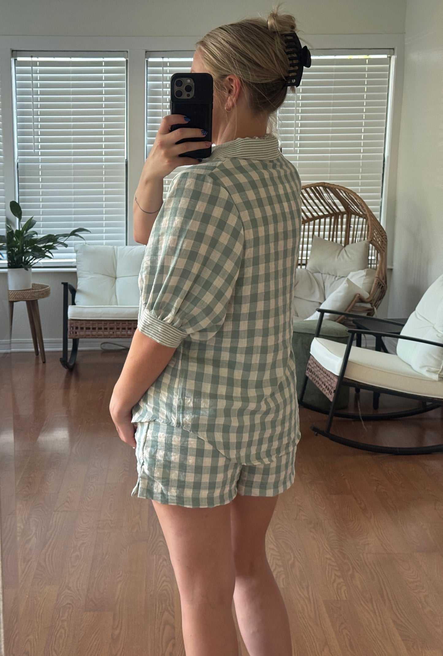 Checkered Blouse & Short Set - Sage