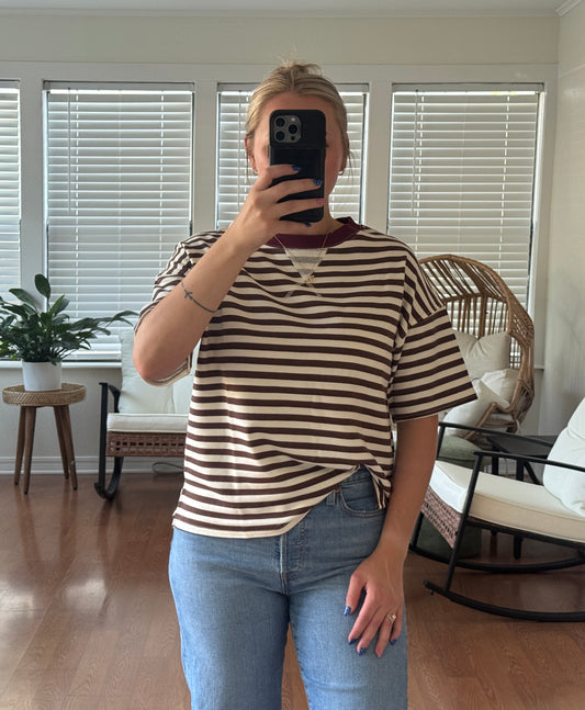 Striped Short Sleeve T-Shirt - Brown