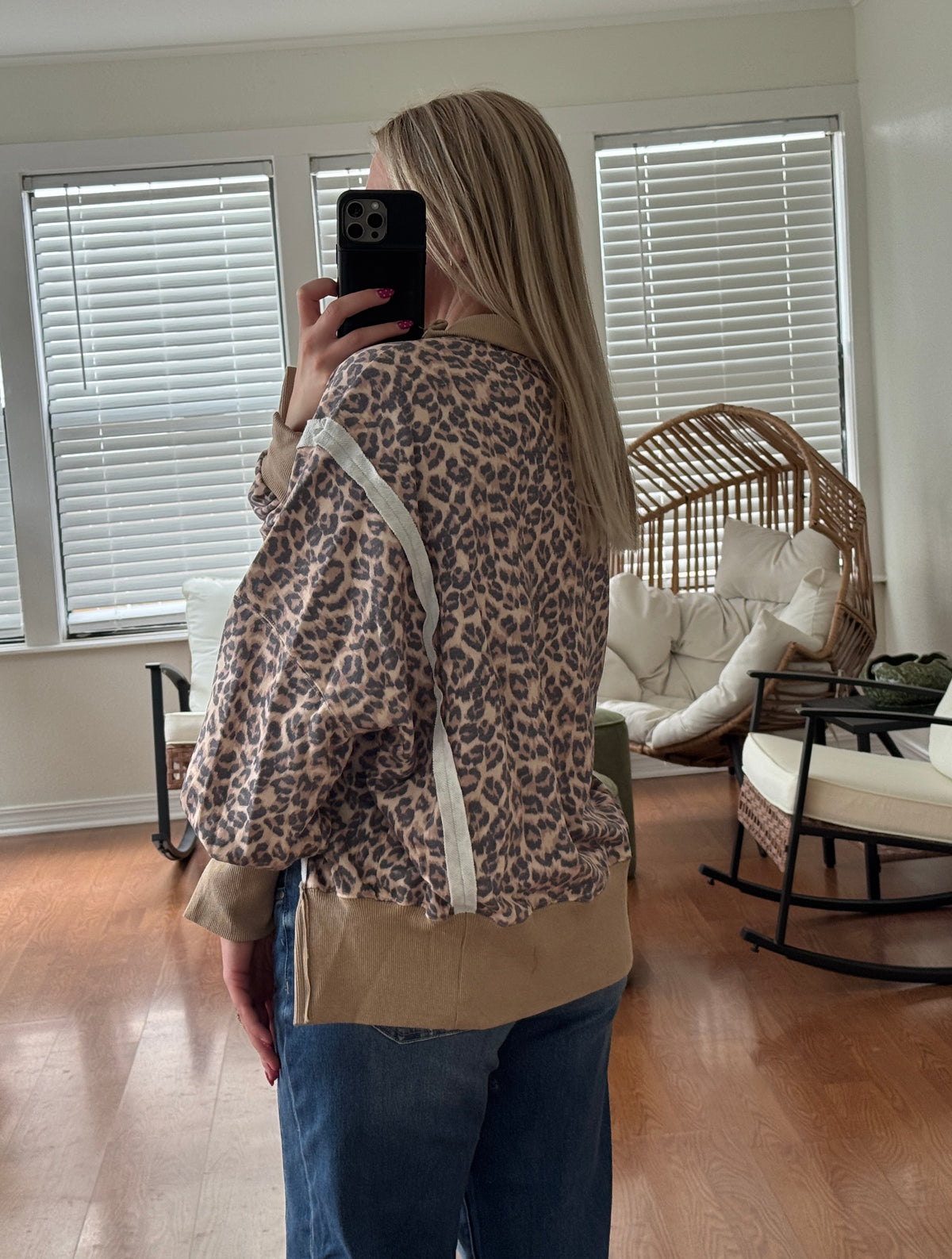 Leopard Button Collar Pullover - Tan + Gray
