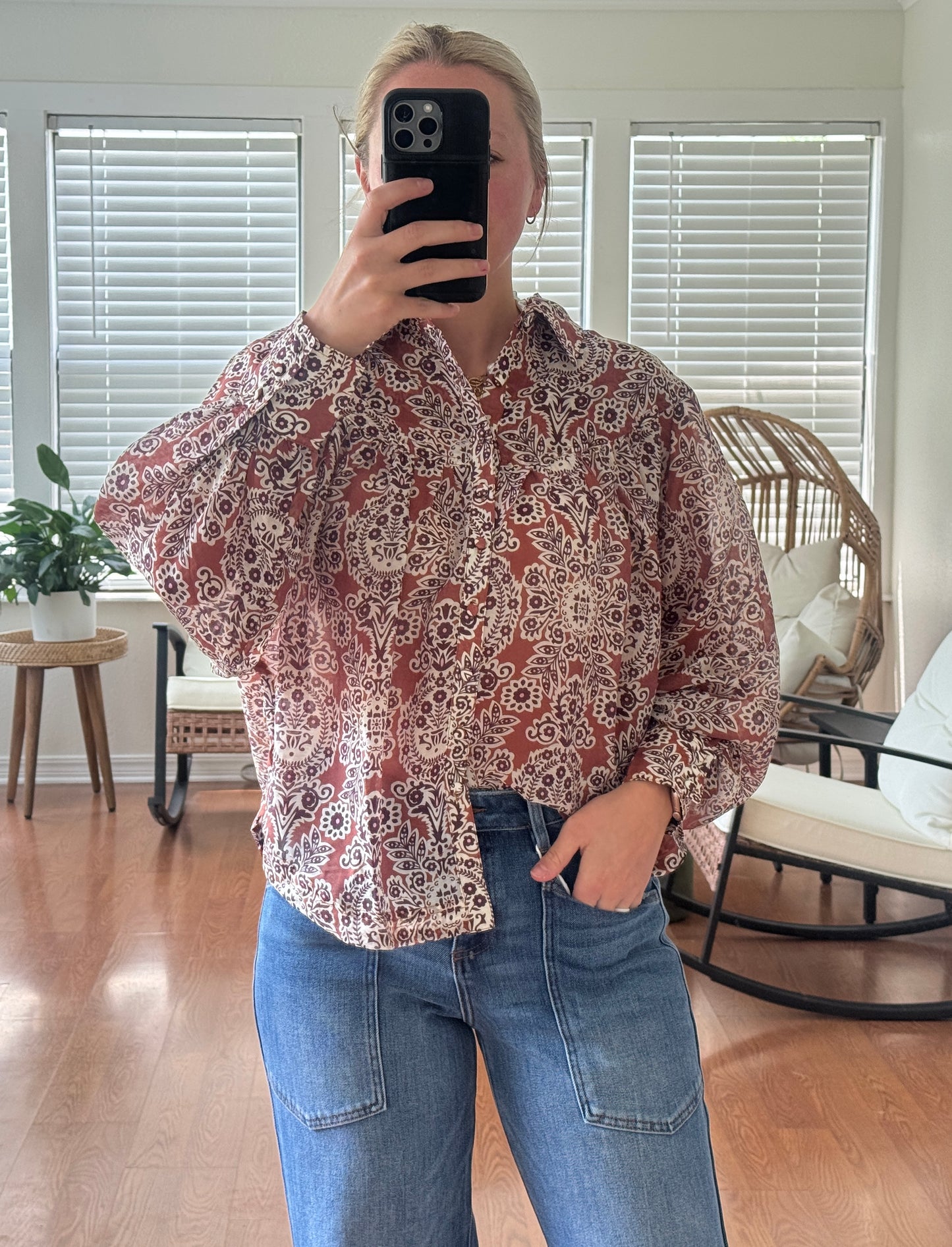 Bohemian Sheer Button Down Blouse - Brown