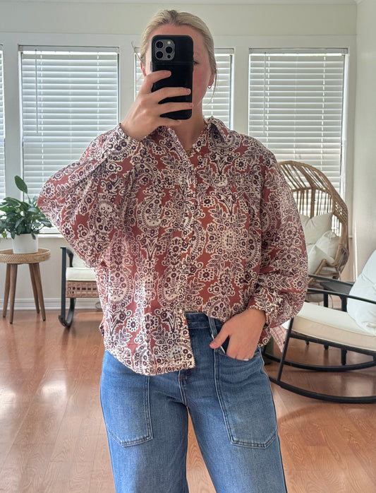 Bohemian Sheer Button Down Blouse - Brown