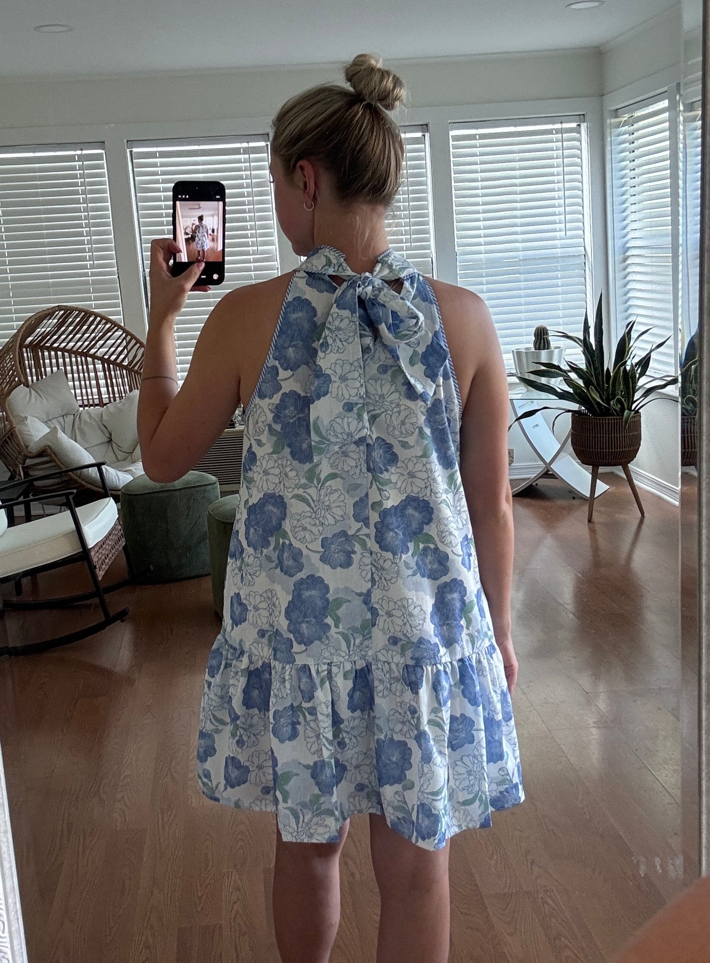 Floral Print Halter Mini Dress - Blue