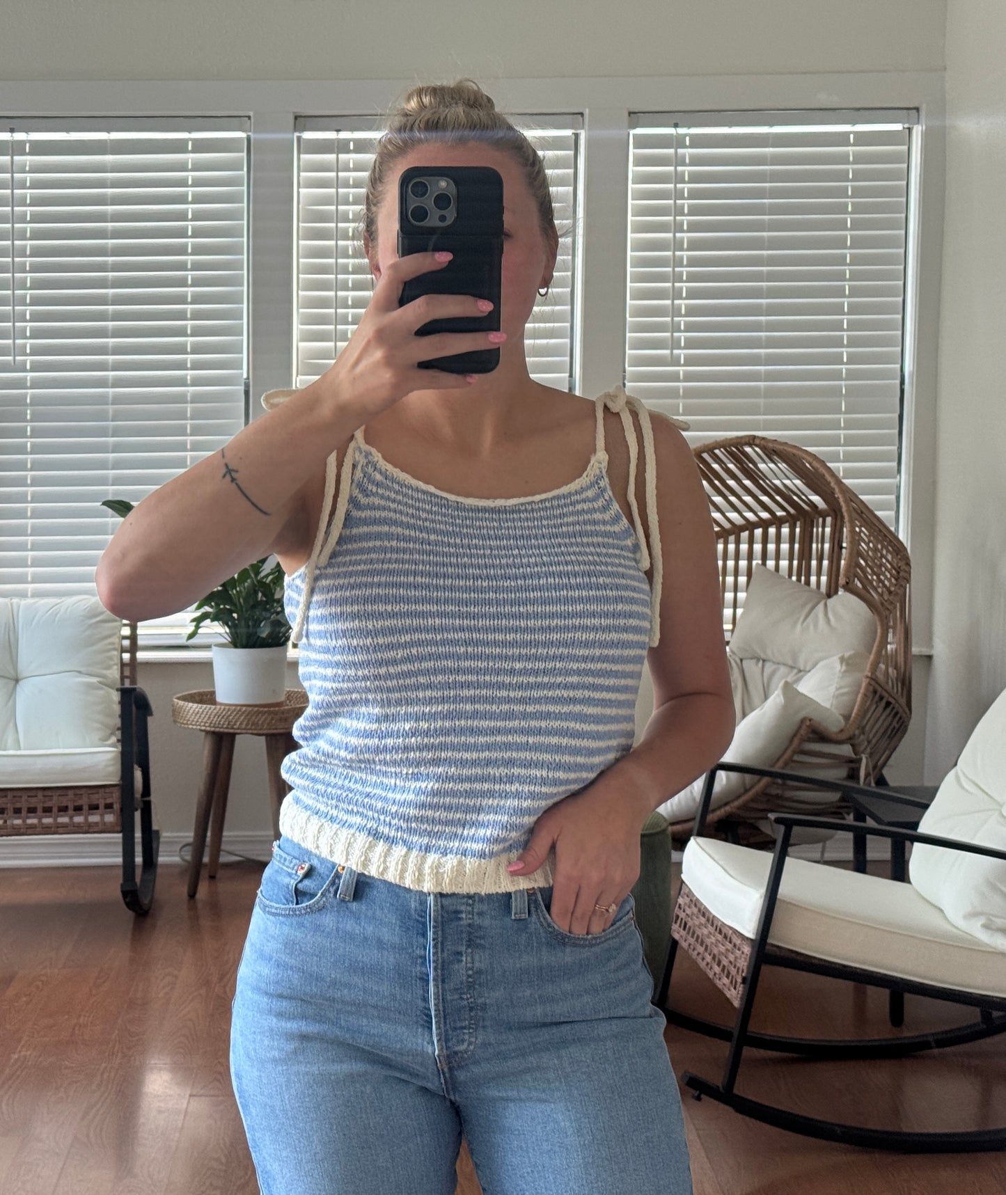 Striped Knit Tie Strap Tank - Blue + White