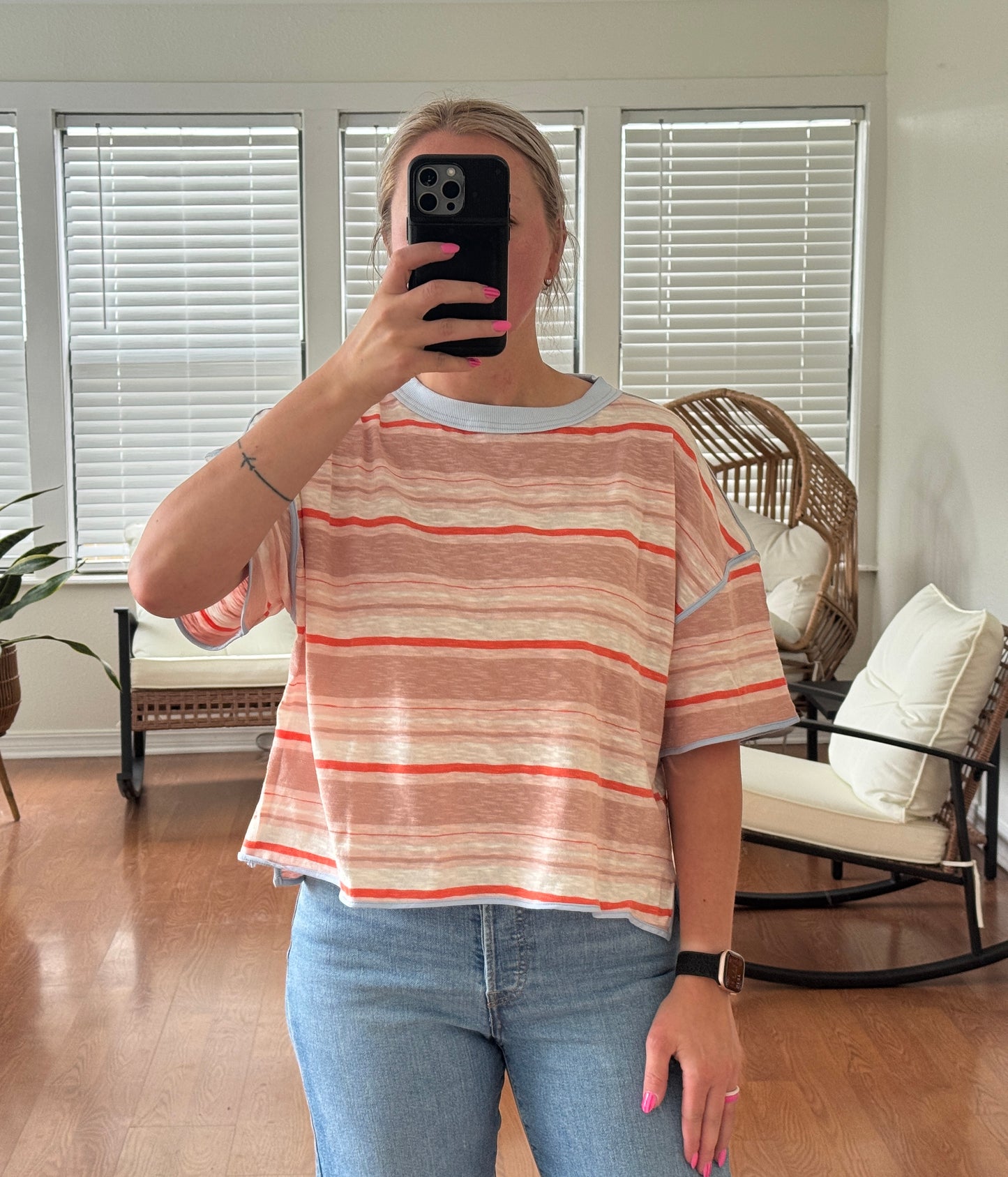 Striped Boxy Short Sleeve Tee - Coral + Blue