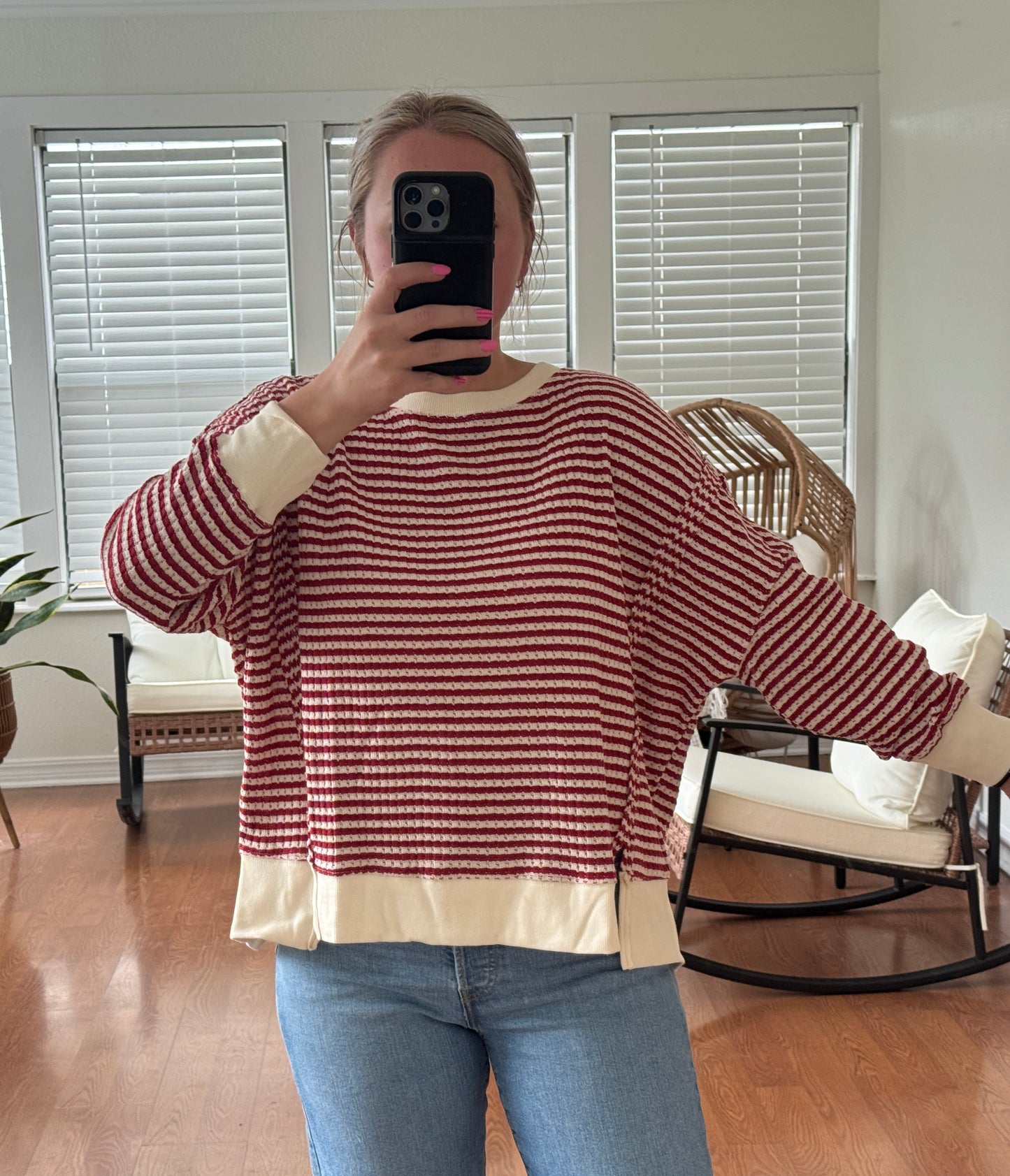 Striped Split Hem Knit Top - Red + Cream