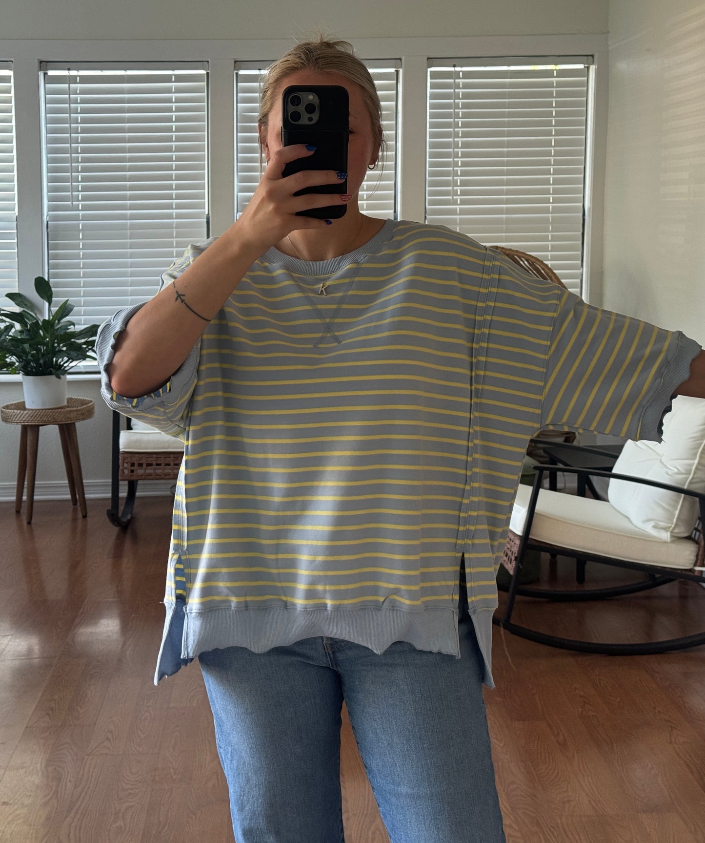 Striped Short Sleeve Sweatshirt - Light Blue + Yellow