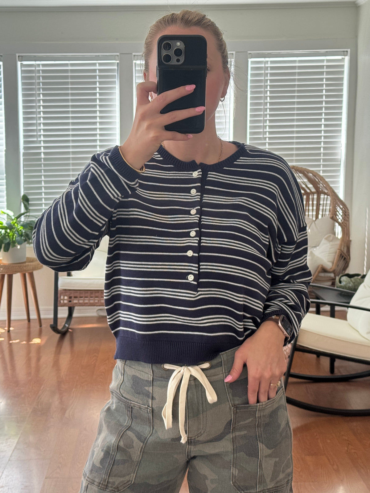 Striped Henley Sweater - Navy Blue