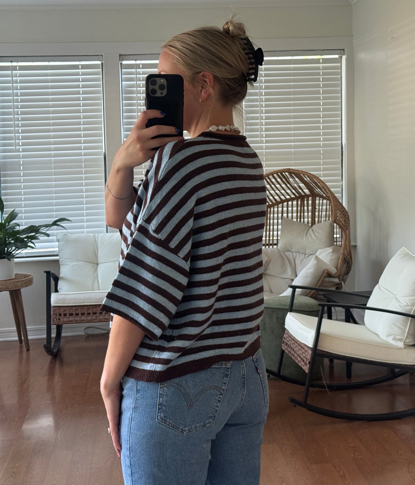 Stripe Raw Edge Short Sleeve Cardigan - Brown + Blue