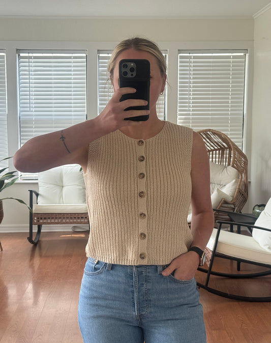Sleeveless Button Front Cardigan - Beige