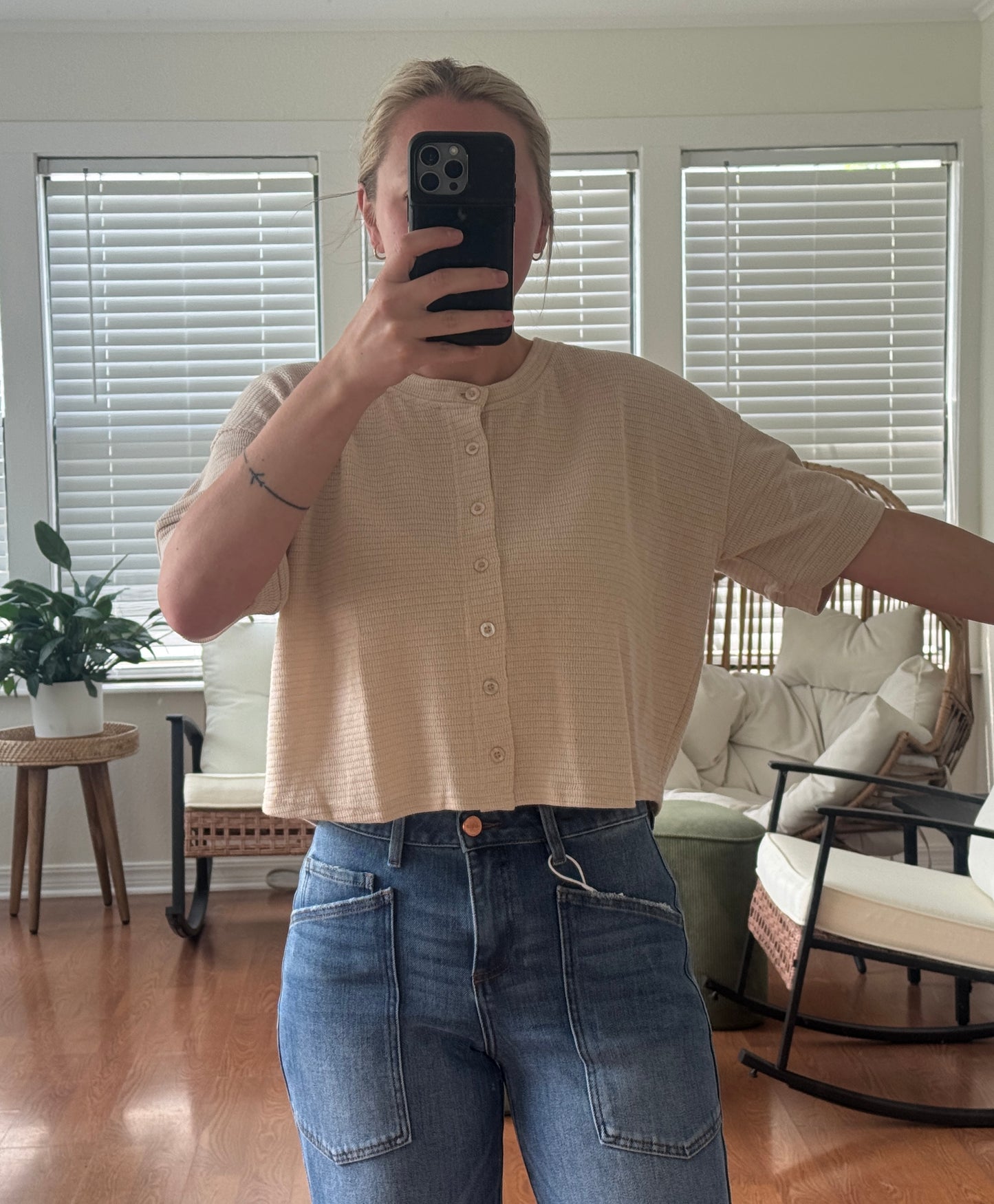 Short Sleeve Button Front Cardigan - Beige