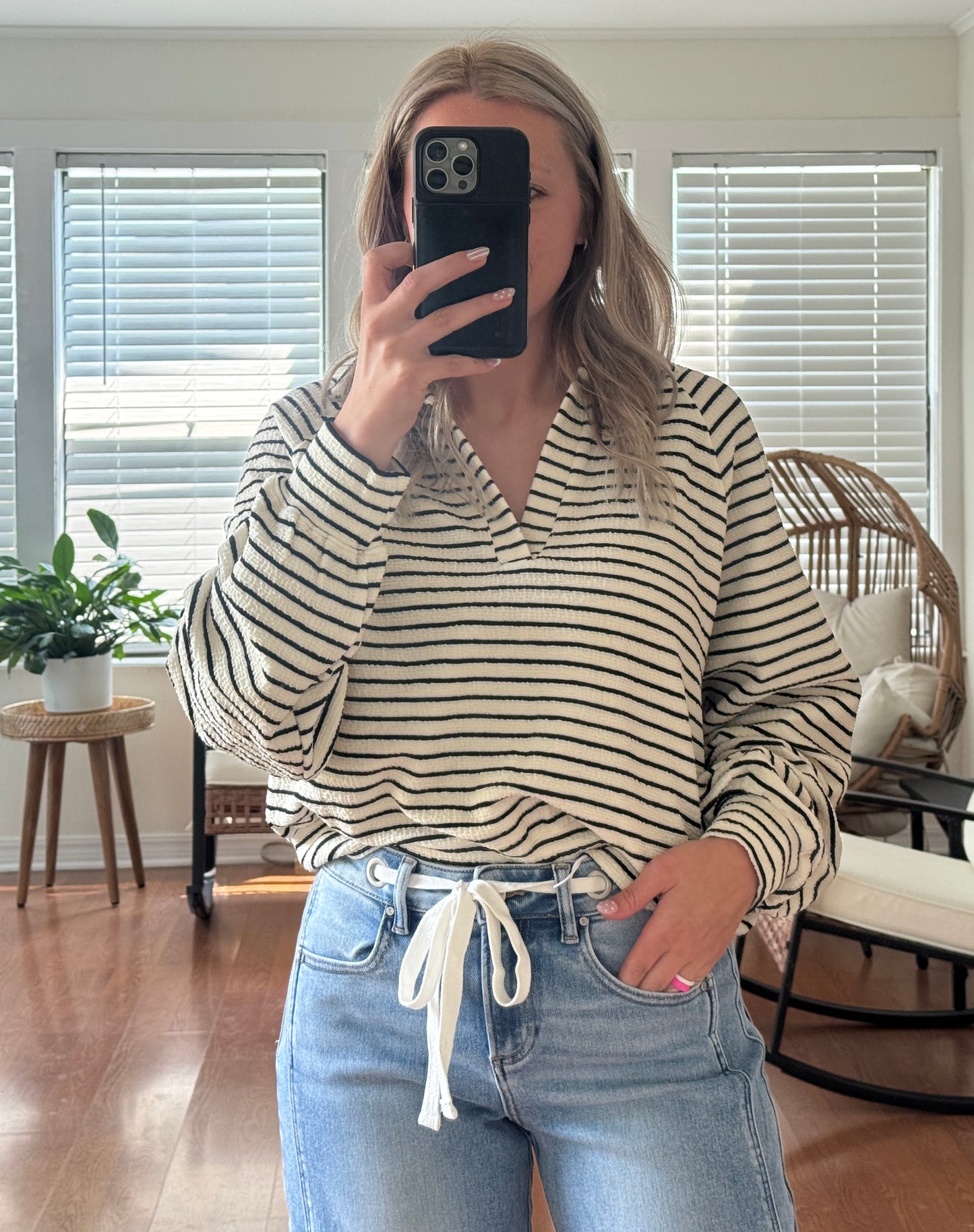 Striped Collared Sweatshirt - White + Black