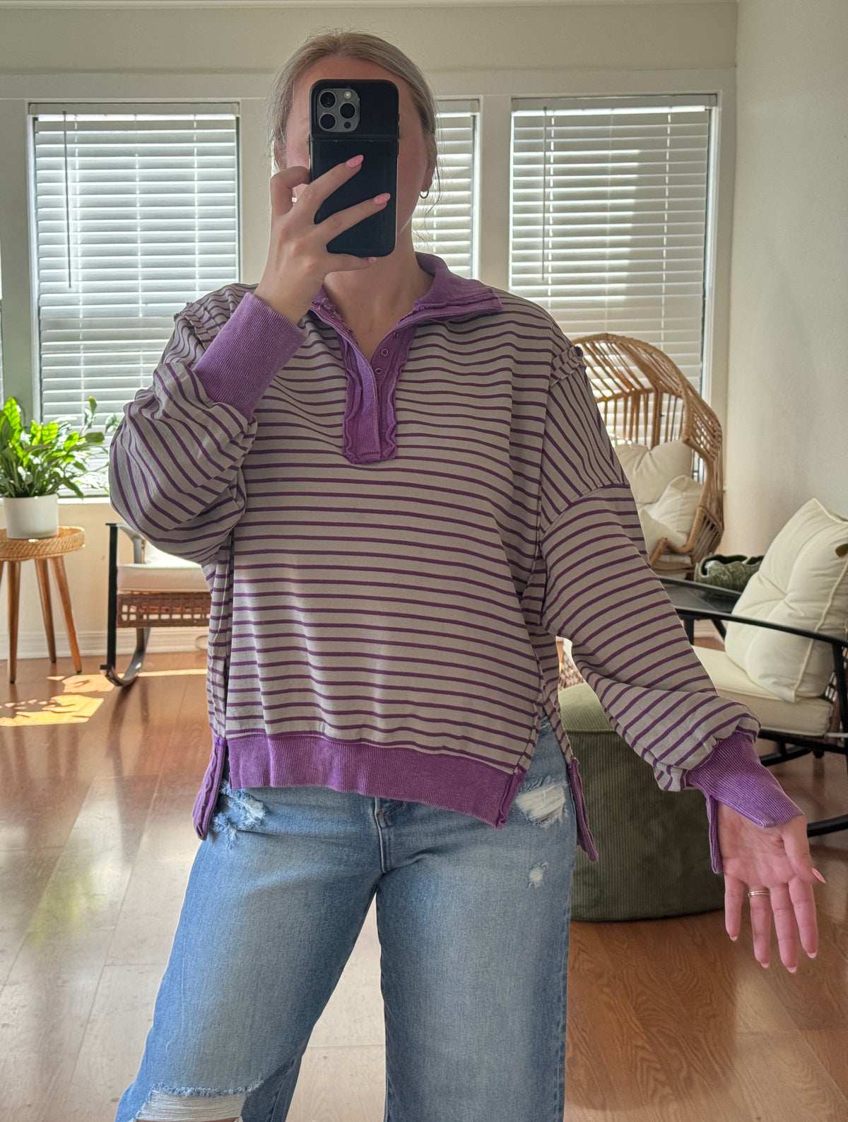 Striped Mineral Wash Button Pullover - Purple